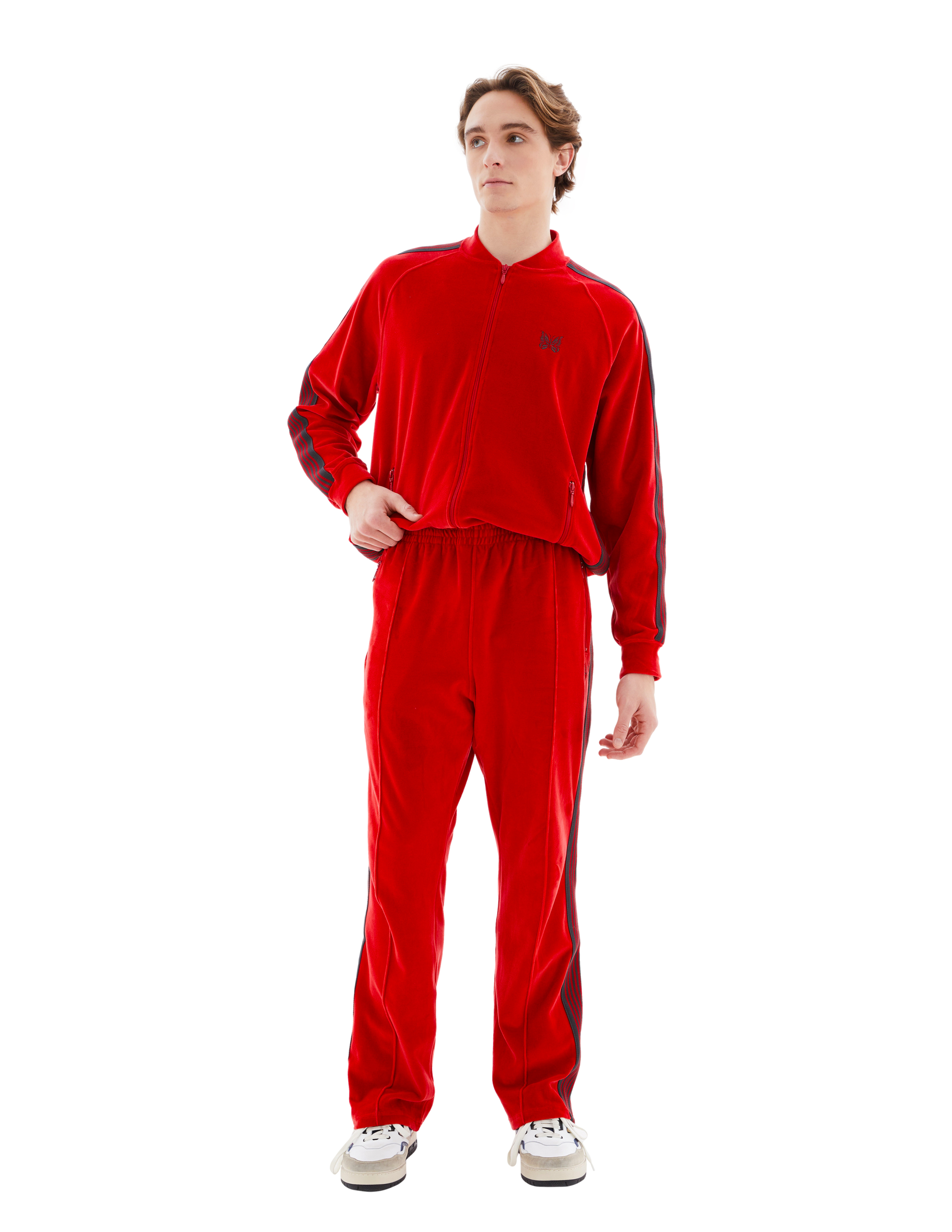 Needles Ribbed Texture Track Trousers With Side Stripes In Red
