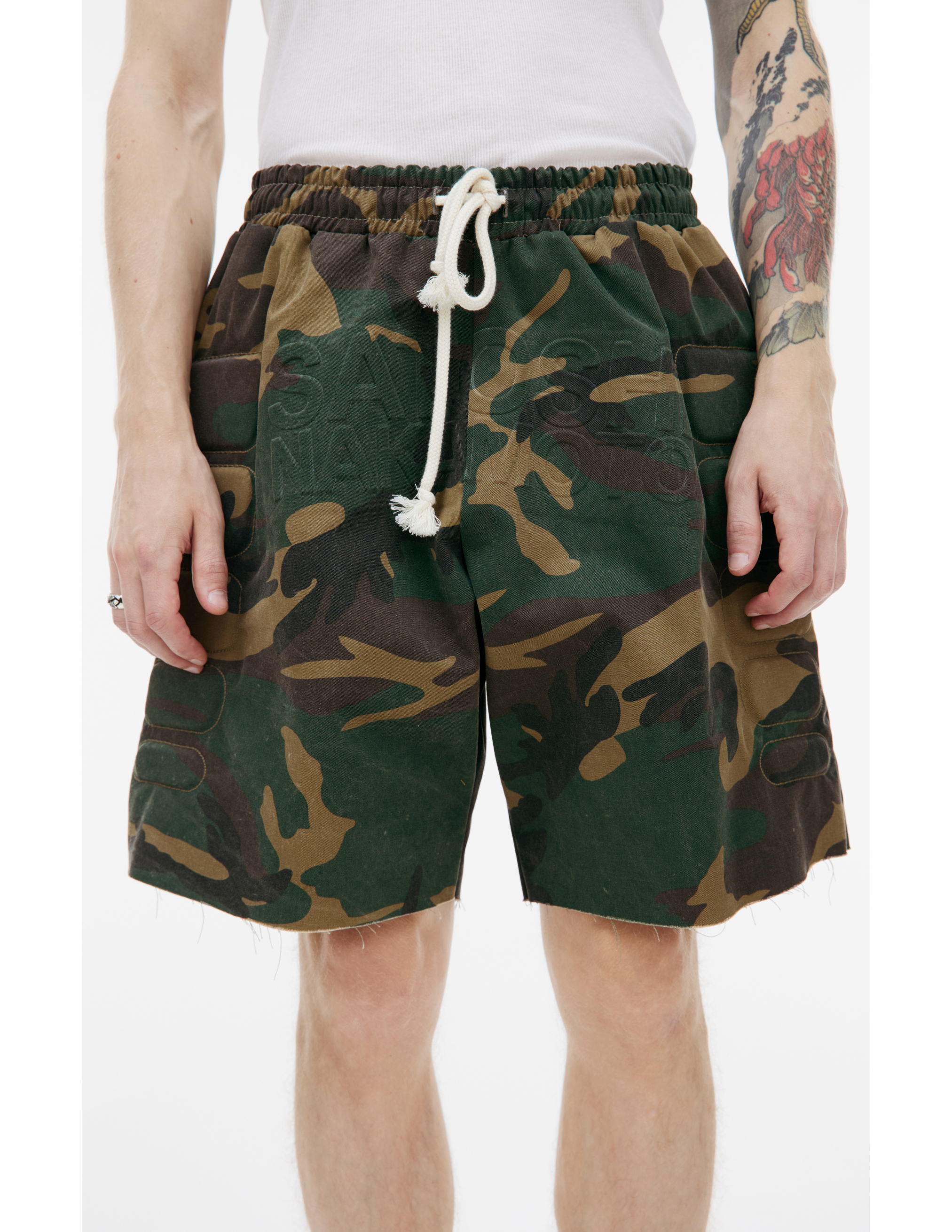 Shop Satoshi Nakamoto Camo Moto Shorts In Khaki