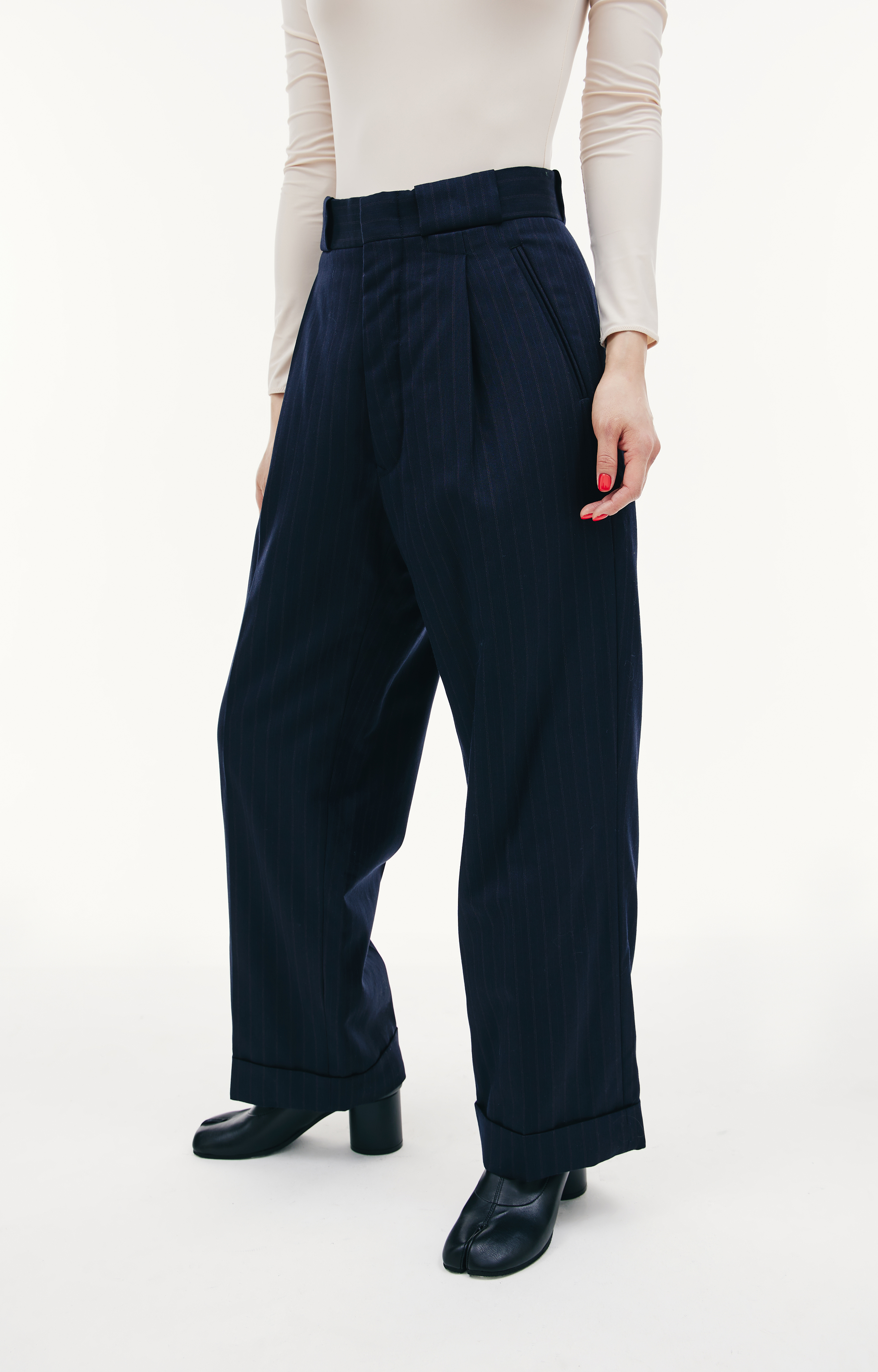 Buy Maison Margiela women navy blue striped padded wool trousers