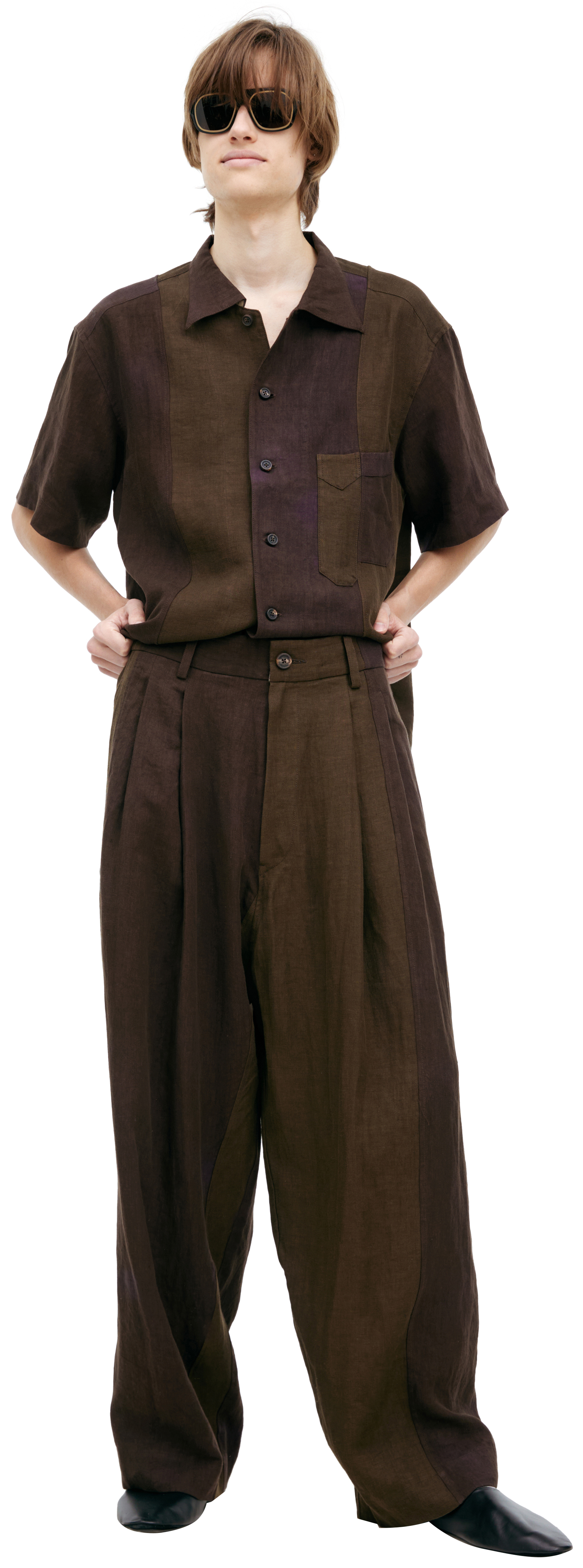 Buy Ziggy Chen men khaki wide linen trousers for $960 online on