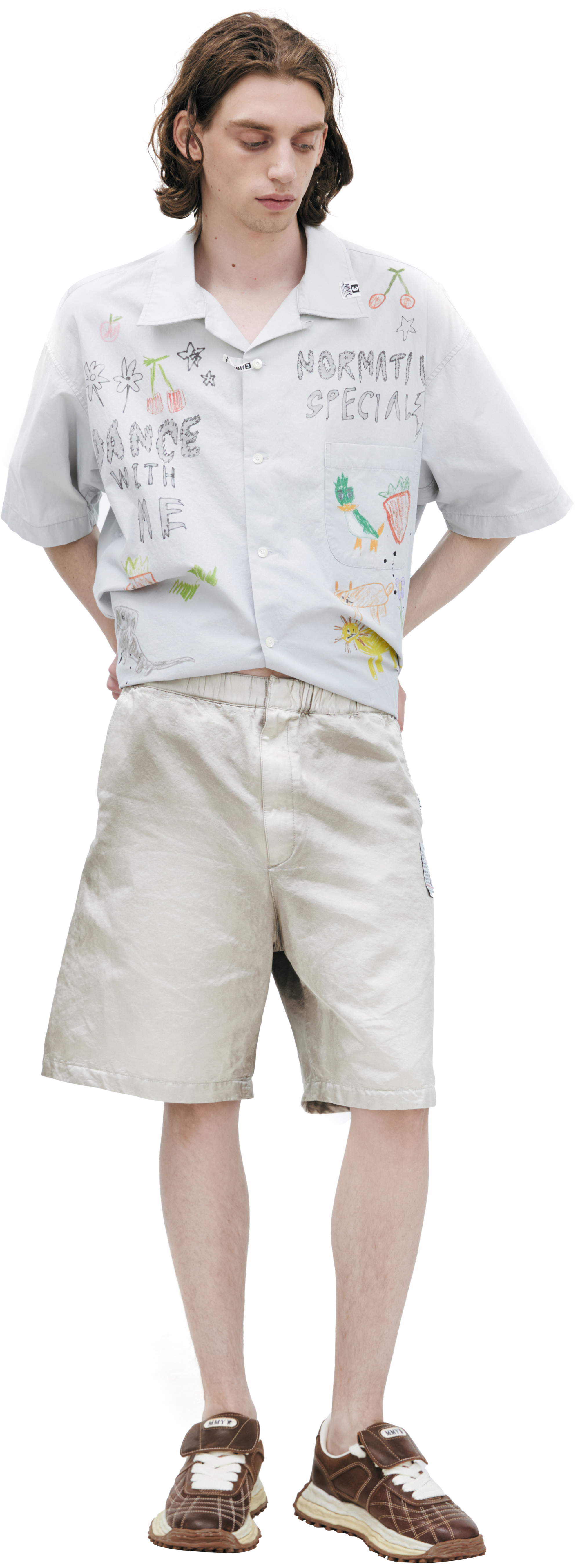 Buy Maison Mihara Yasuhiro men beige distressed shorts for $645