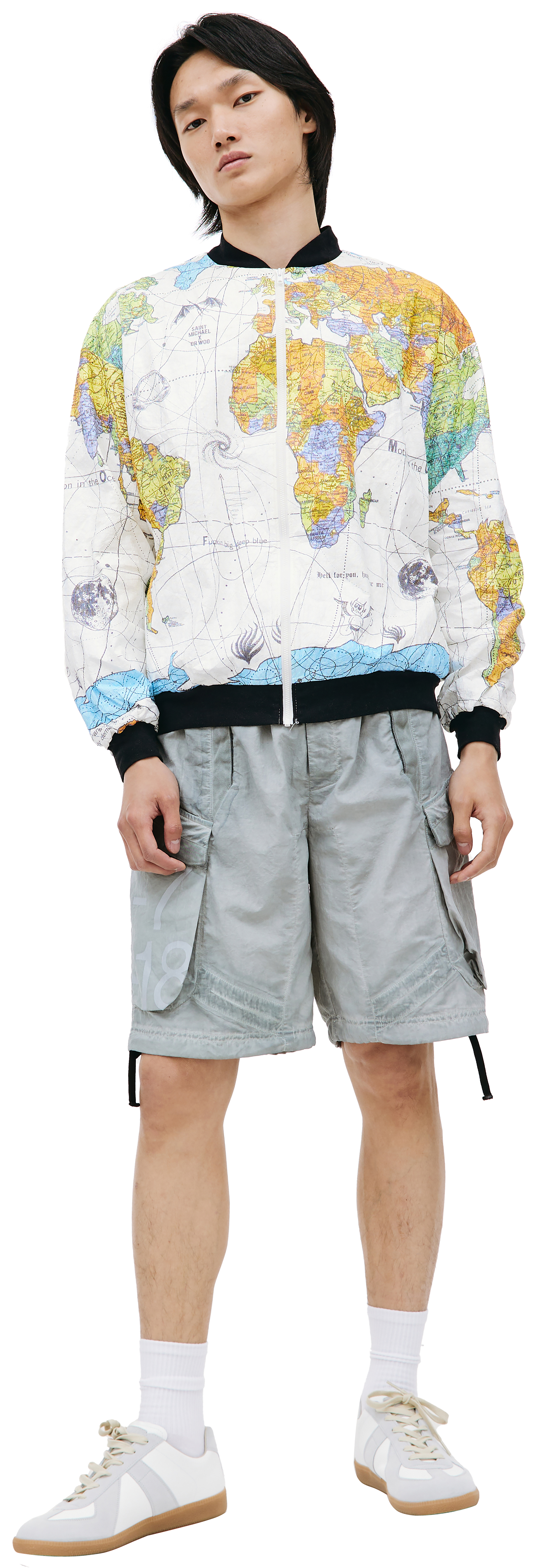 Saint Michael x Dr. Woo world map bomber jacket