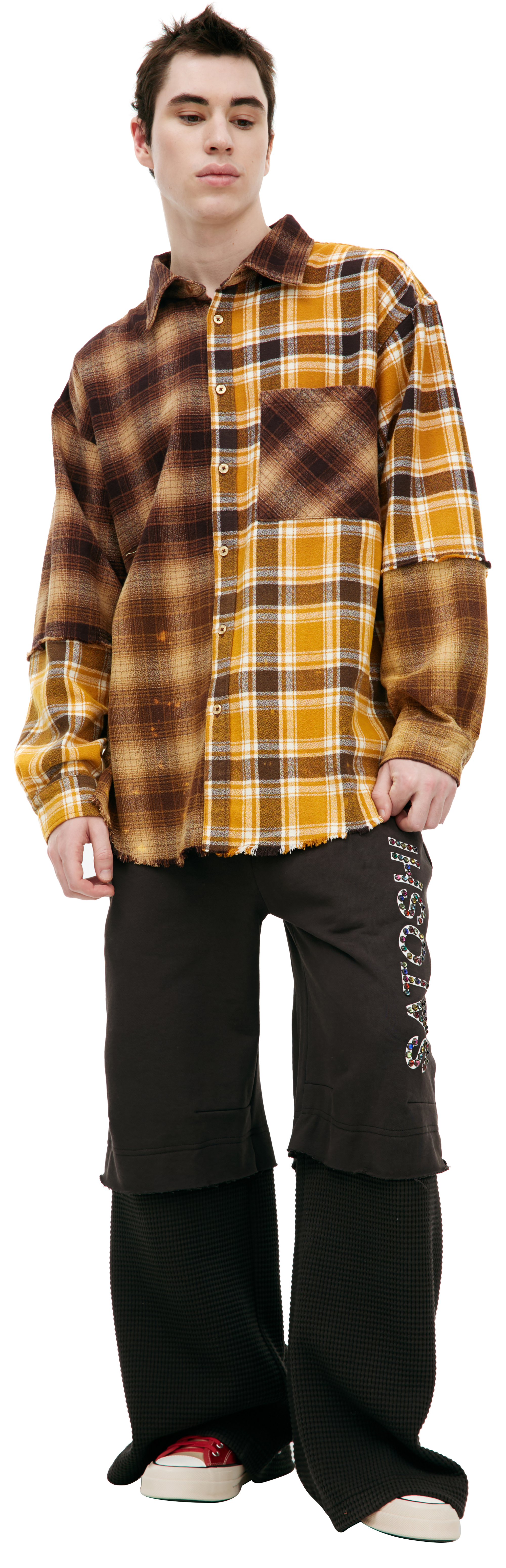 Buy Satoshi Nakamoto men brown patchwork flannel shirt for