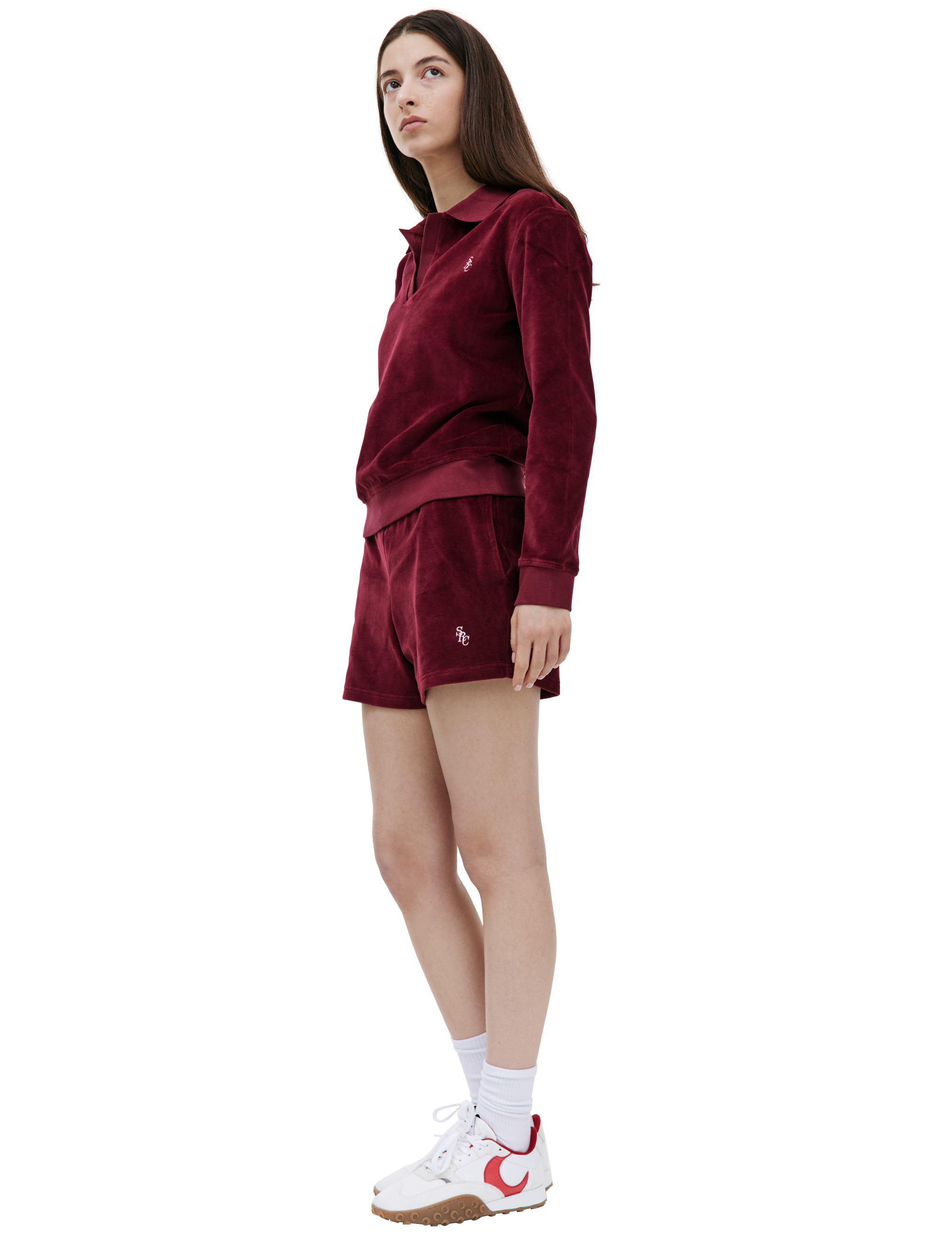 Shop Sporty And Rich Src Velour Longsleeve Polo In Burgundy