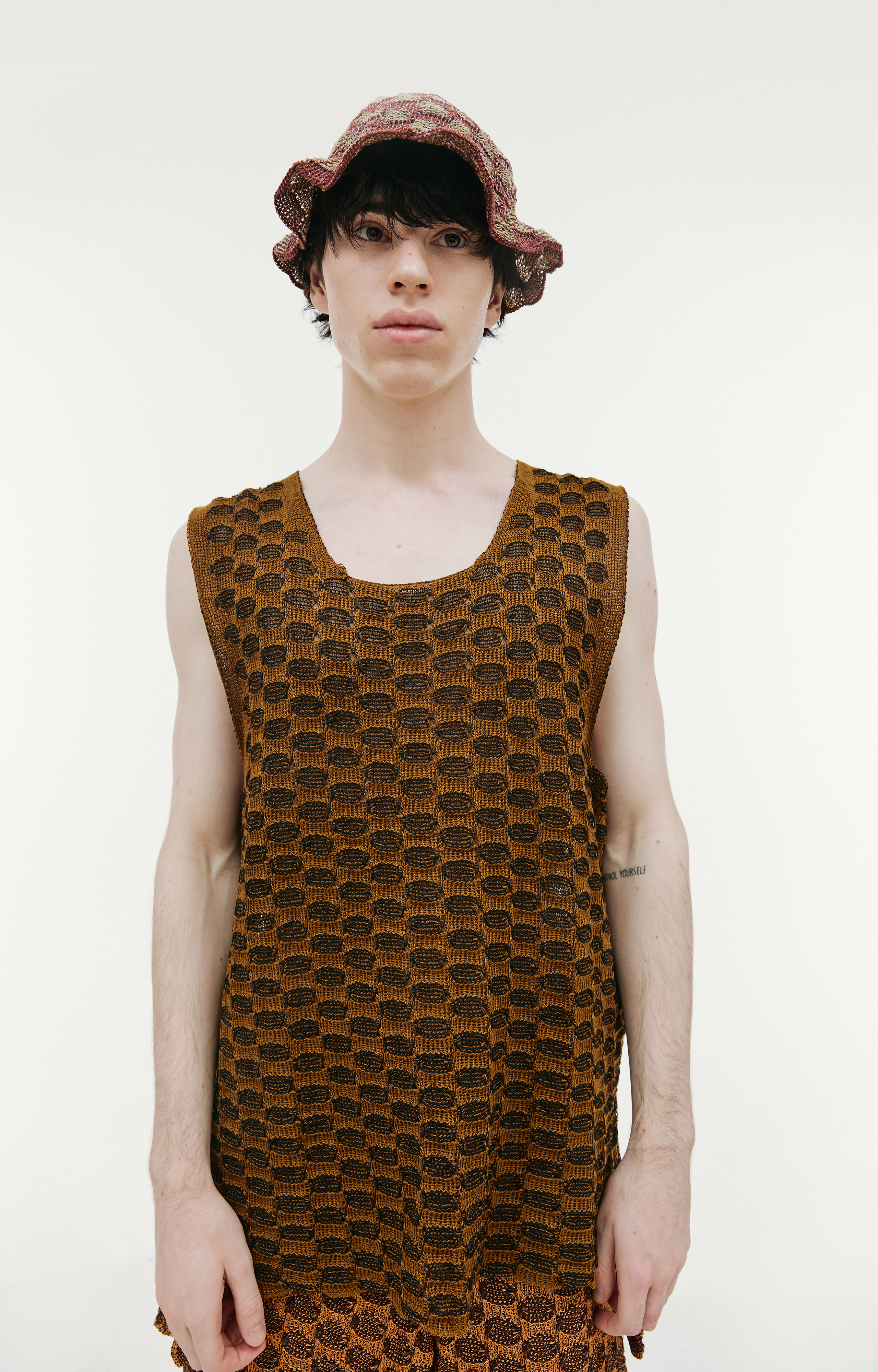 Buy Isa Boulder men brown knitcheck tank top for $188 online