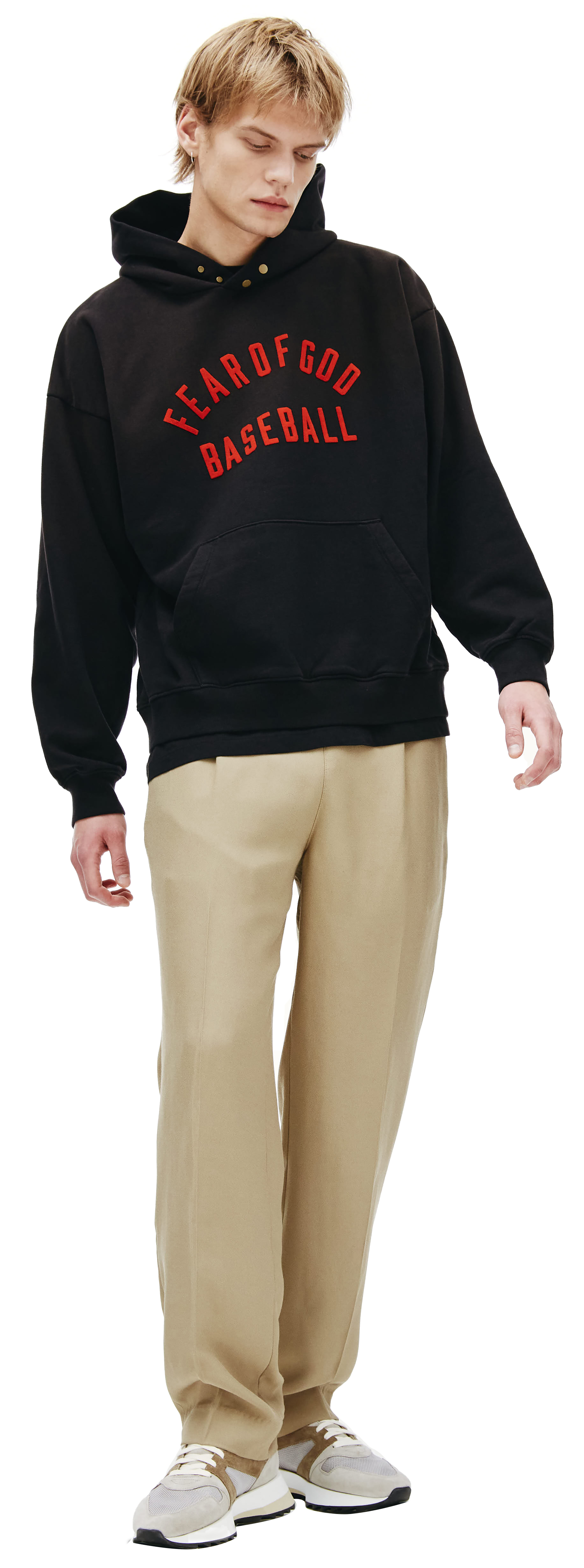 Buy Fear of God men baseball hoodie in vintage black for $655 