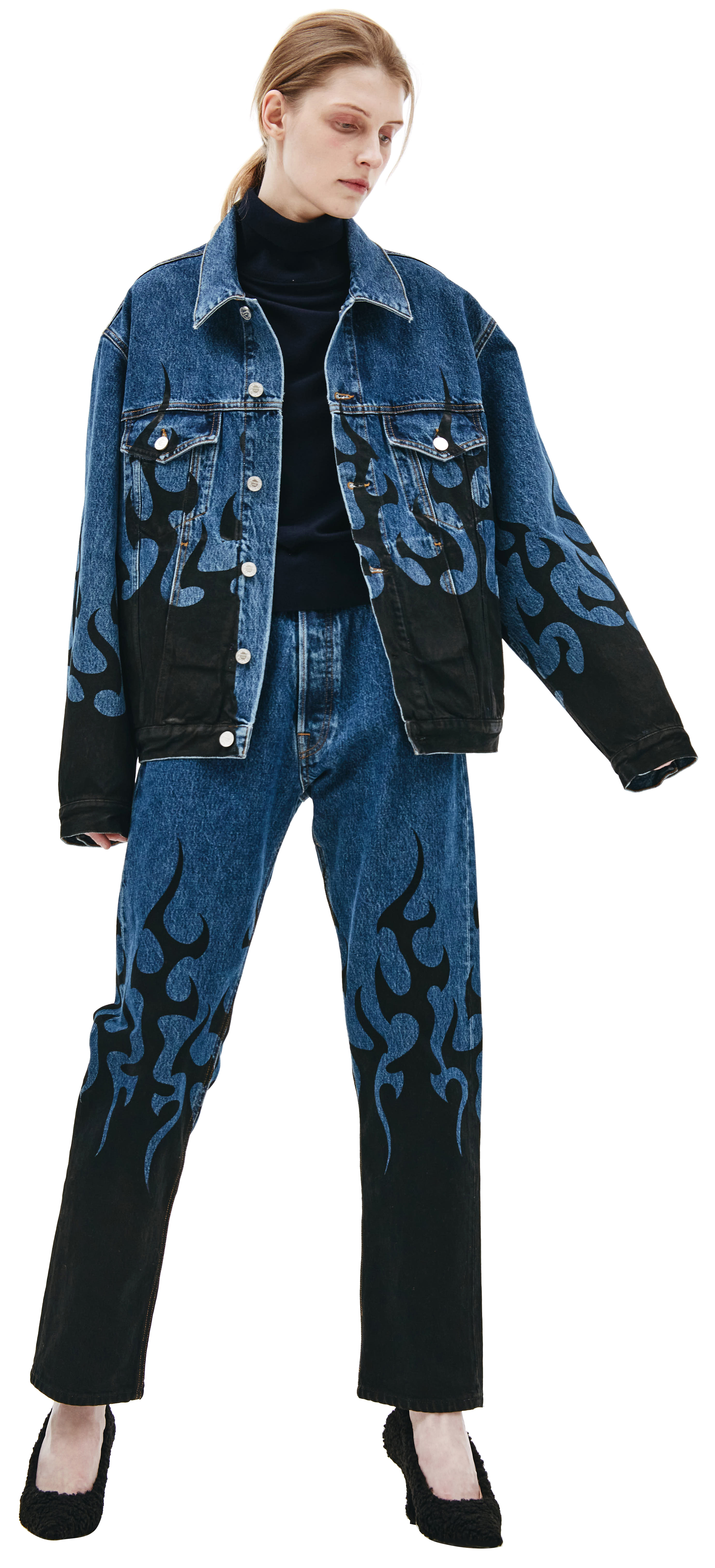 Buy VETEMENTS women navy blue flame print denim jacket for $1,145 online on  SV77, UA52JA300B/2803