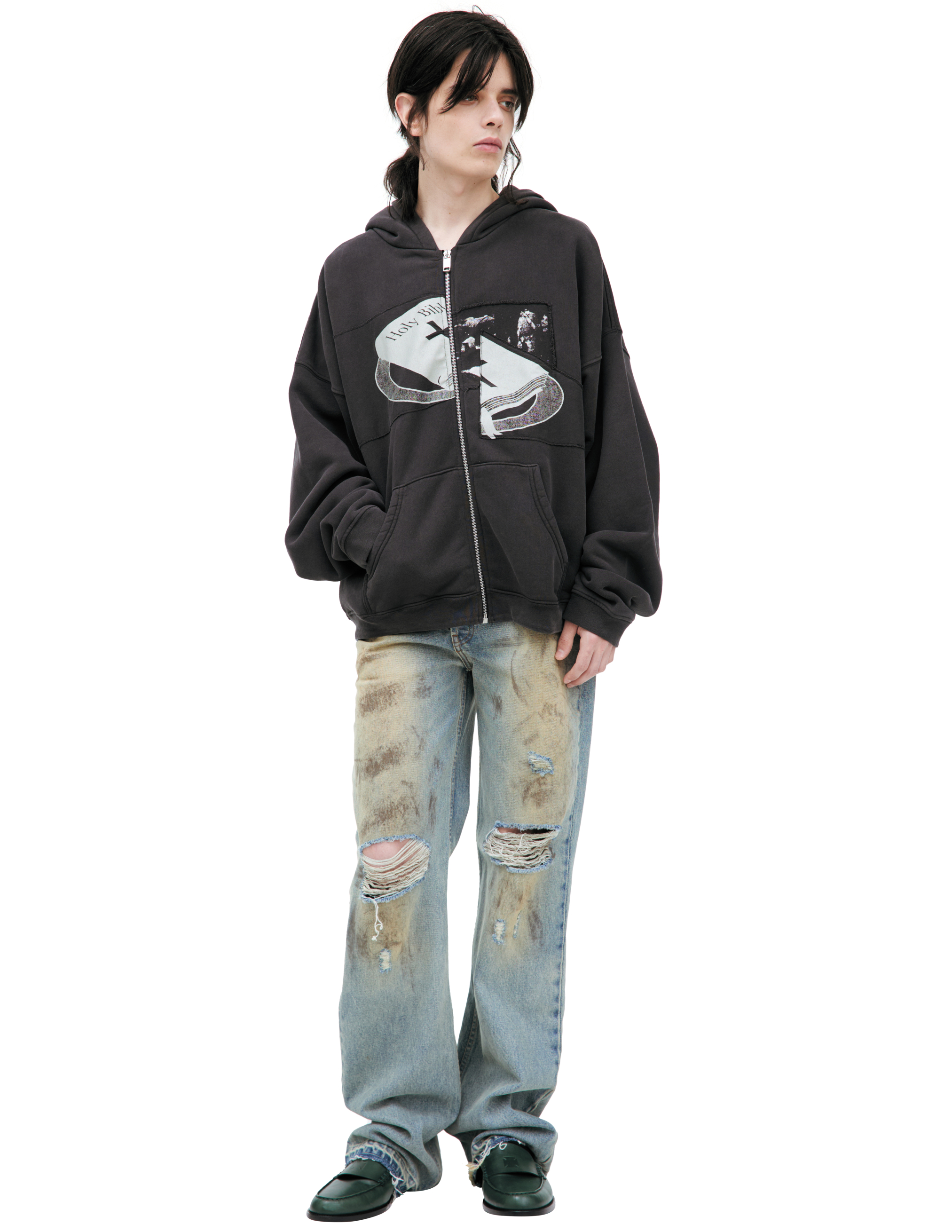Enfants Riches Deprimes Holy Bible Assemblage Printed Cotton-jersey Zip-up Hoodie In Black