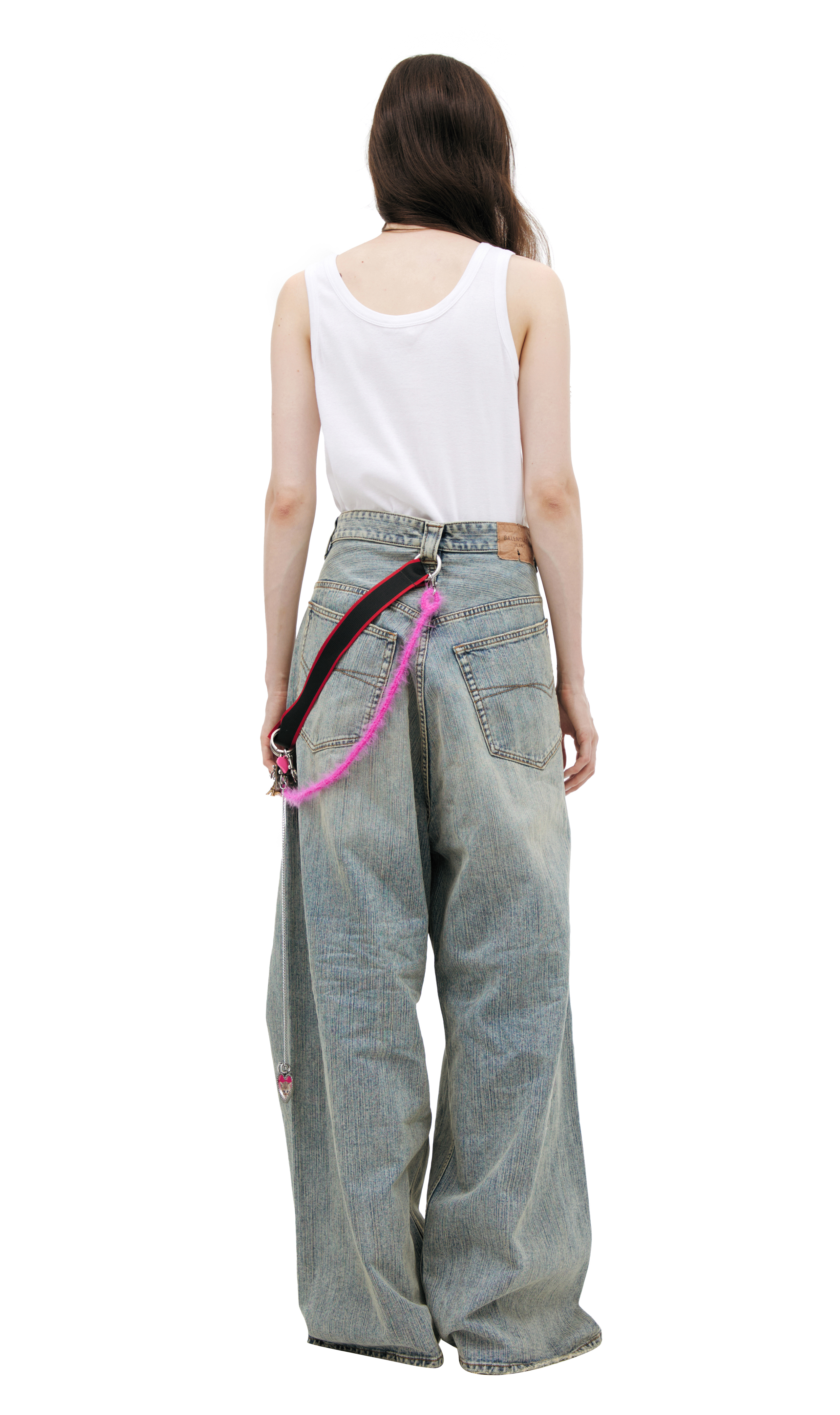 Buy Balenciaga women blue wide jeans with keychain for $2,785
