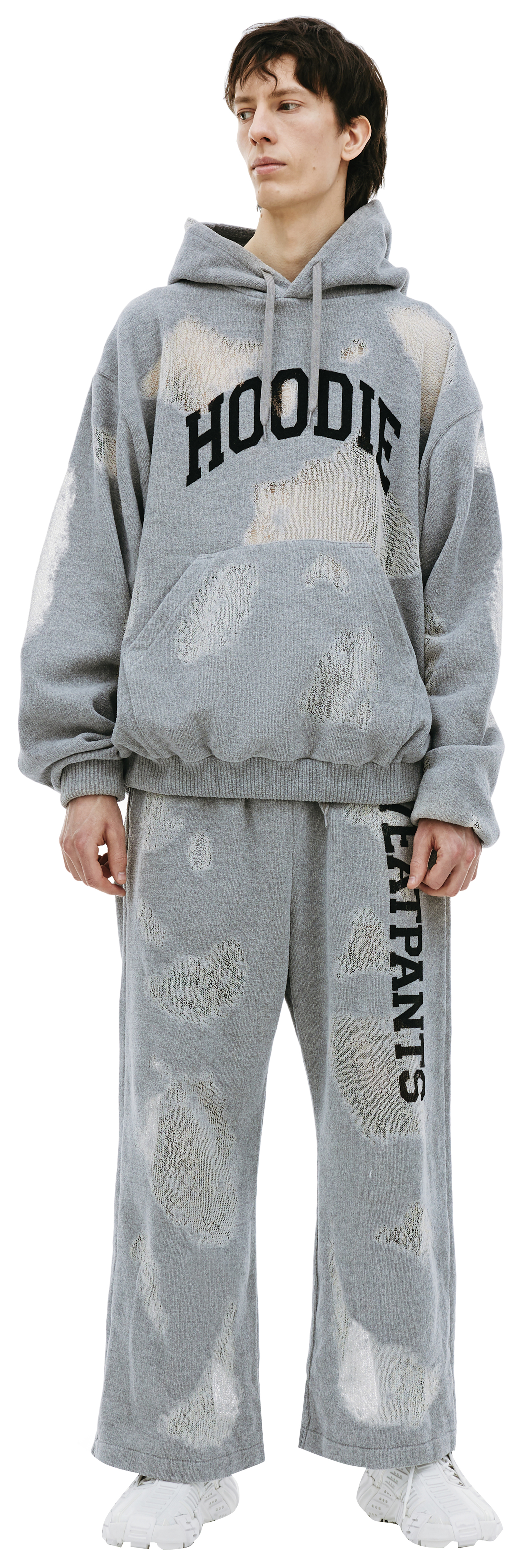 Buy Doublet men grey ripped off knit hoodie for $920 online on