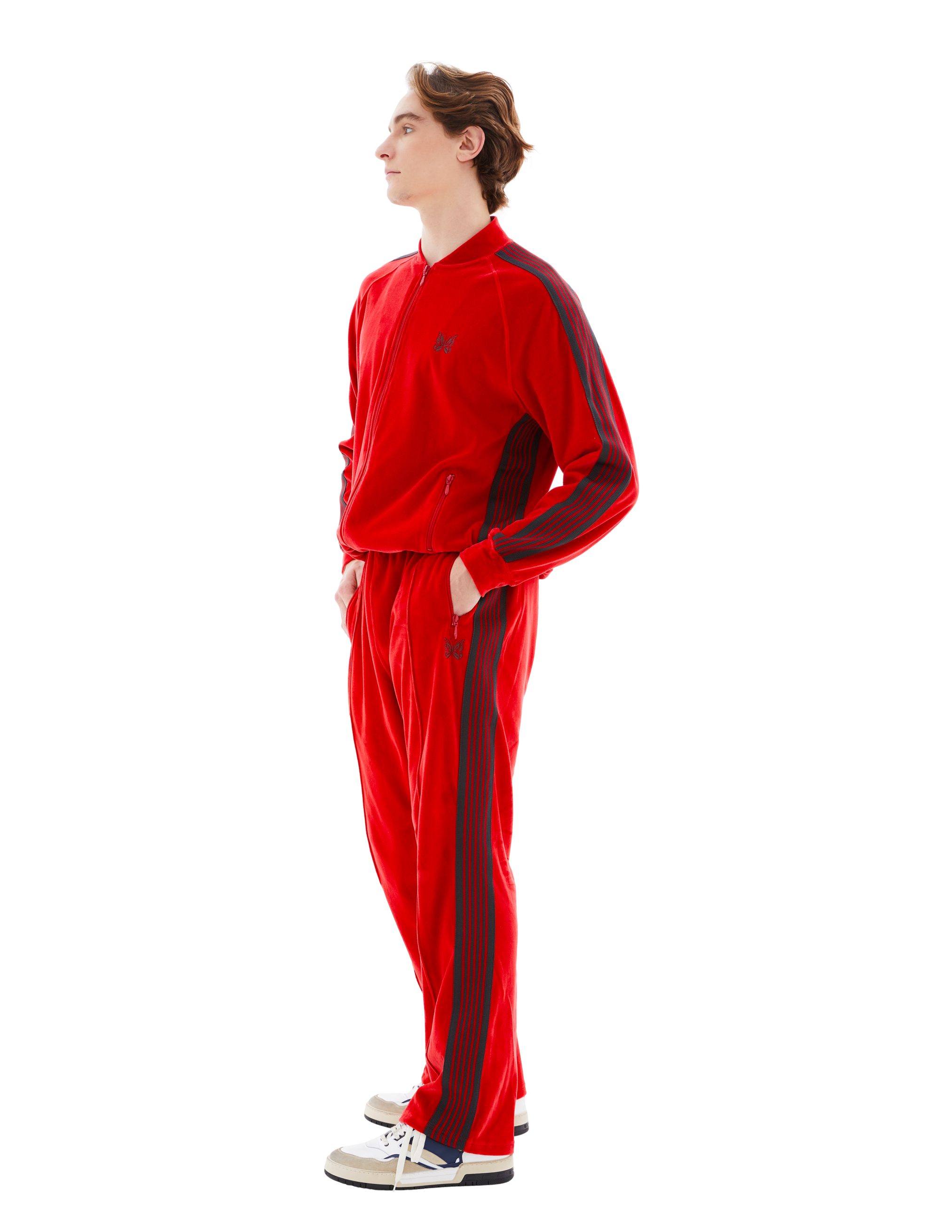 Needles Ribbed Texture Track Trousers With Side Stripes In Red