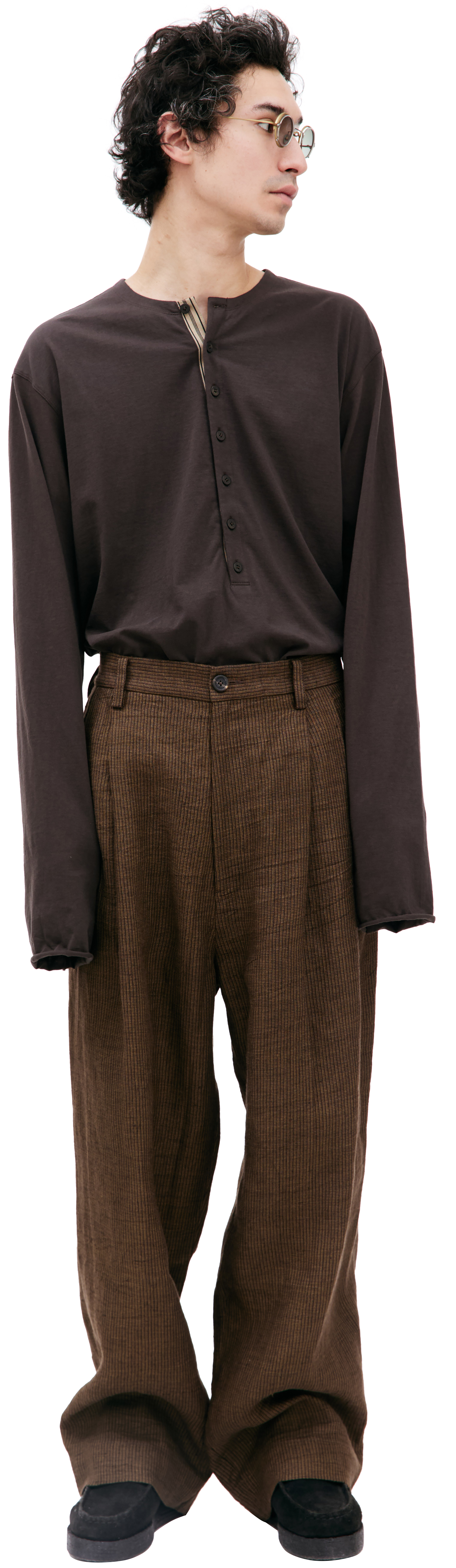 Buy Ziggy Chen men brown wide leg pleated trousers for $728