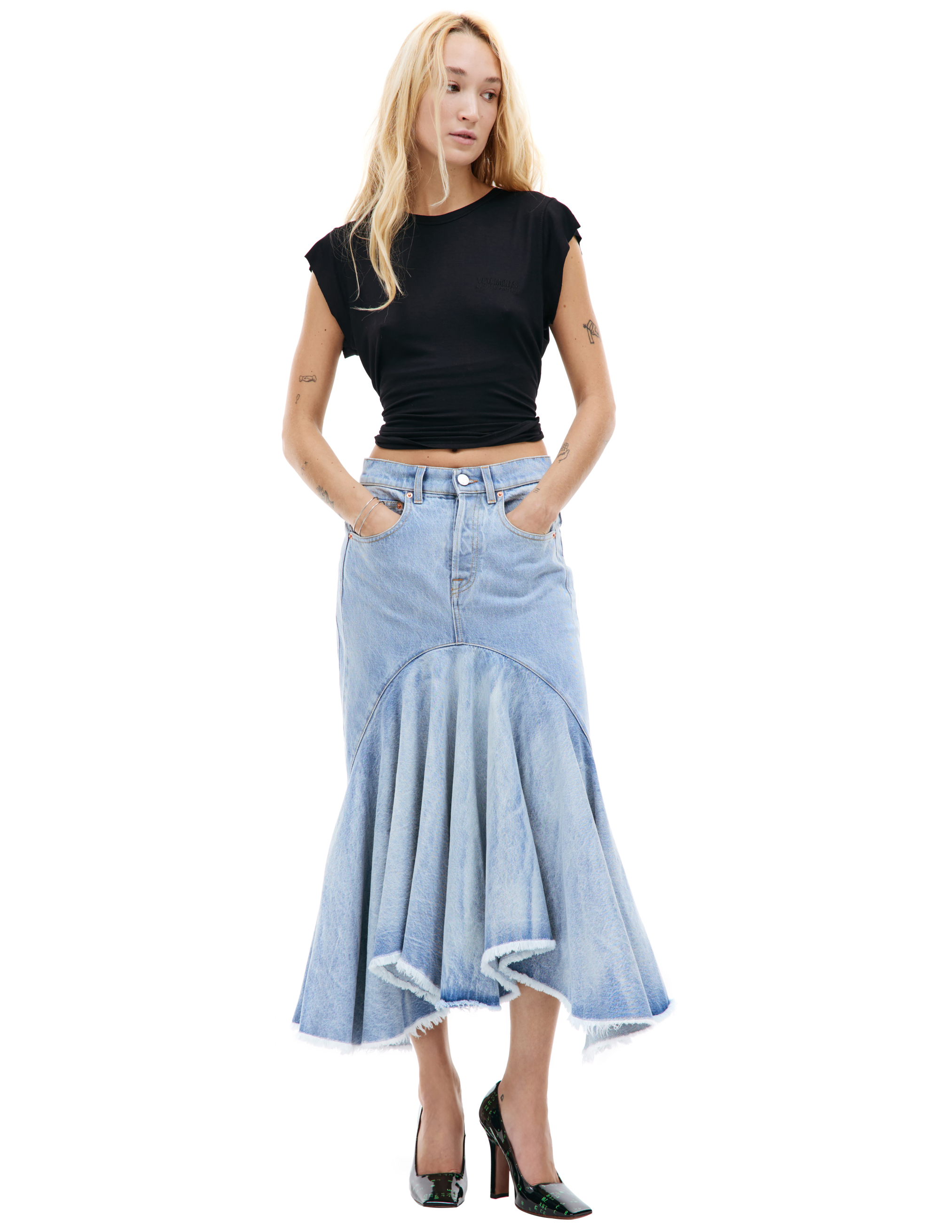 Shop Vetements Flared Denim Midi Skirt In Blue