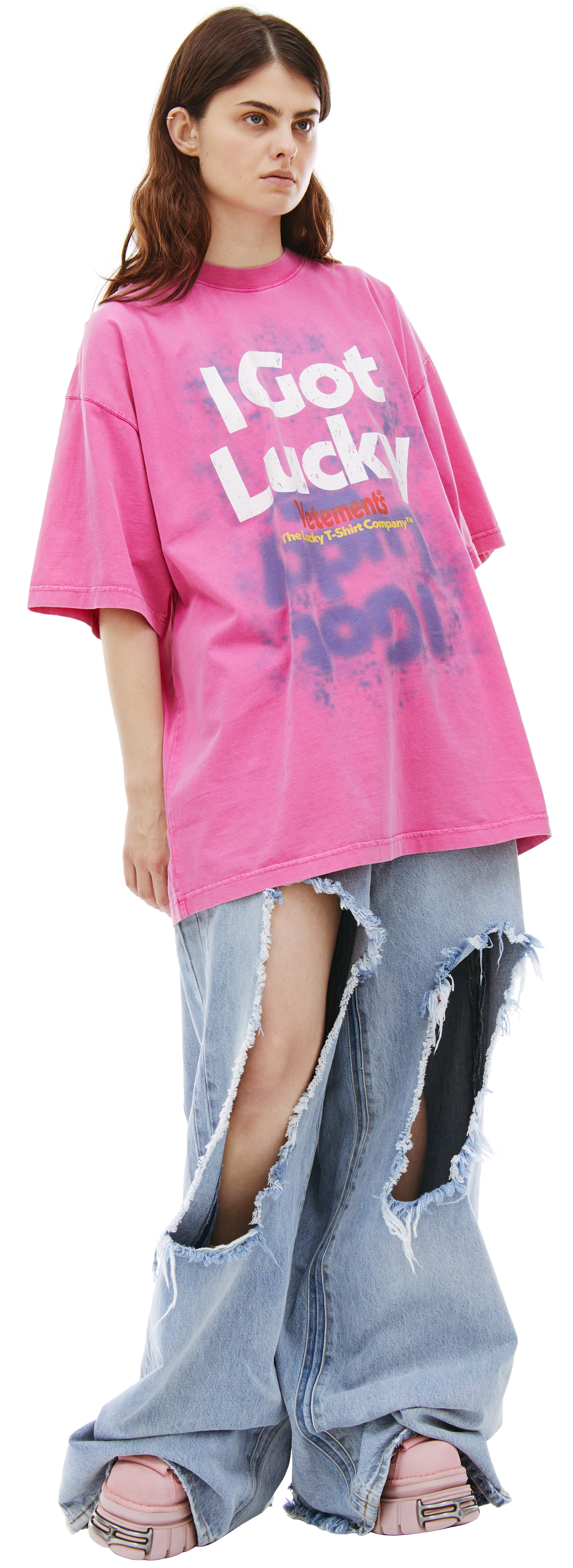 Buy VETEMENTS women pink 'i got lucky' cotton t-shirt for €424