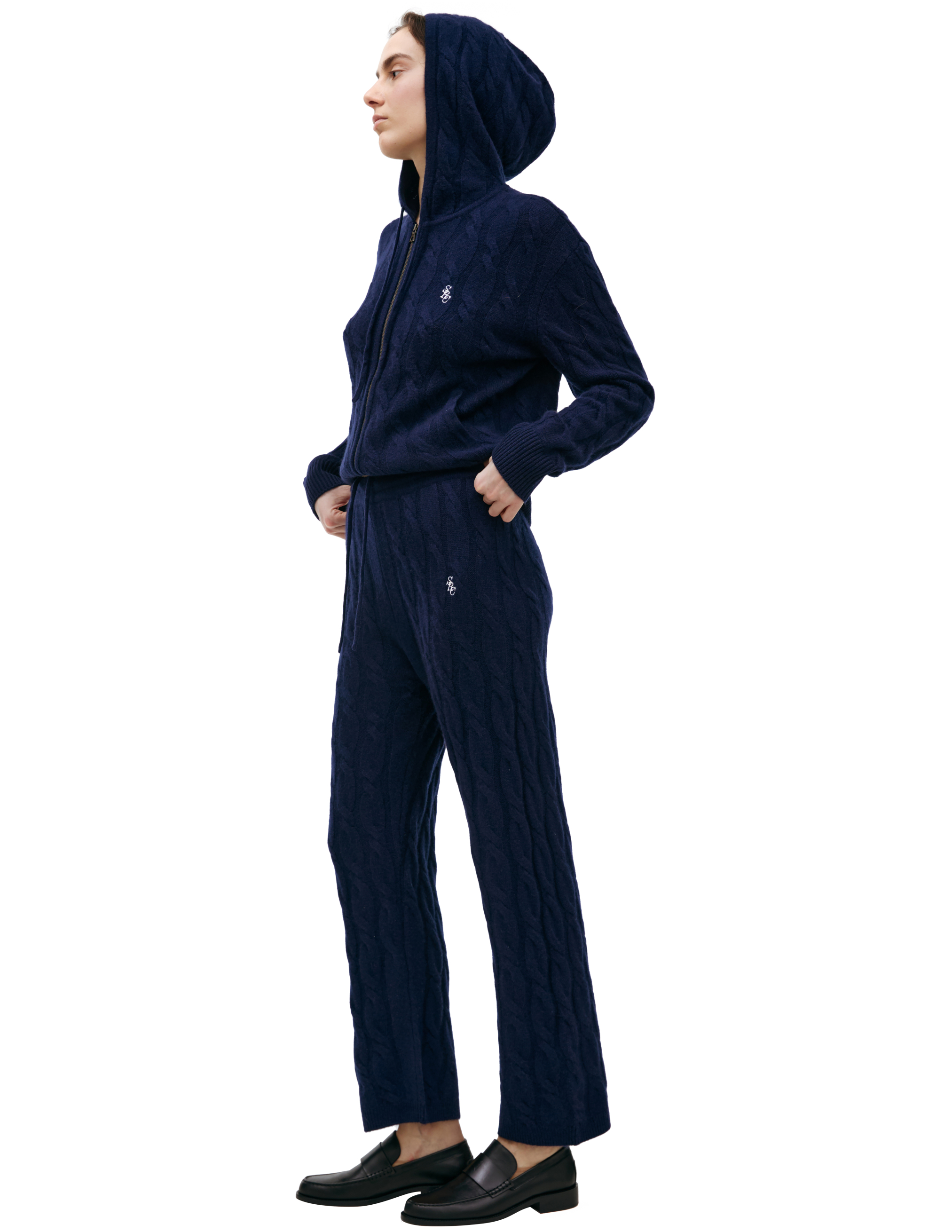 Sporty And Rich Coarse-knit Cashmere Trousers In Navy Blue