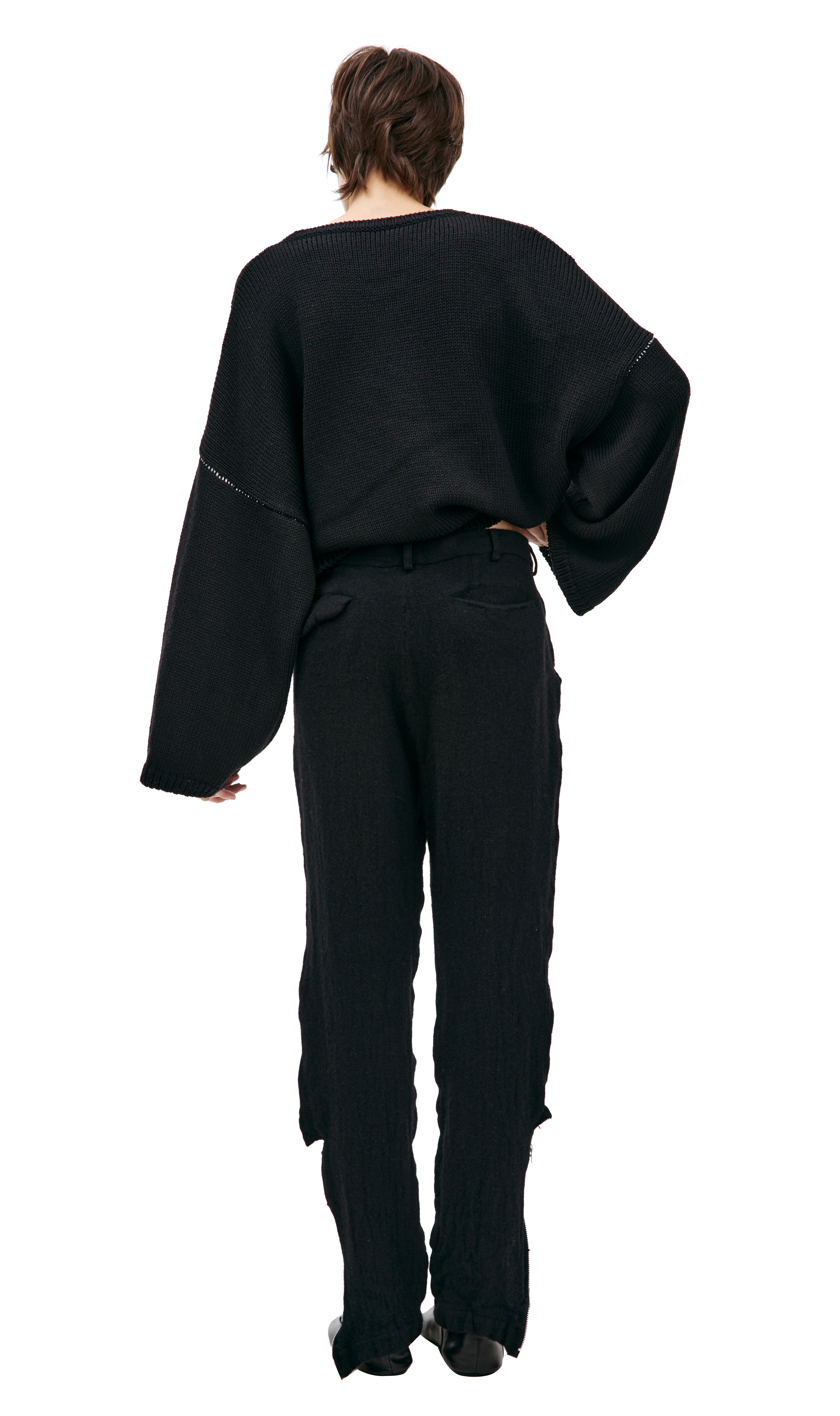 Buy Comme des Garcons women black wool trousers with zippers for