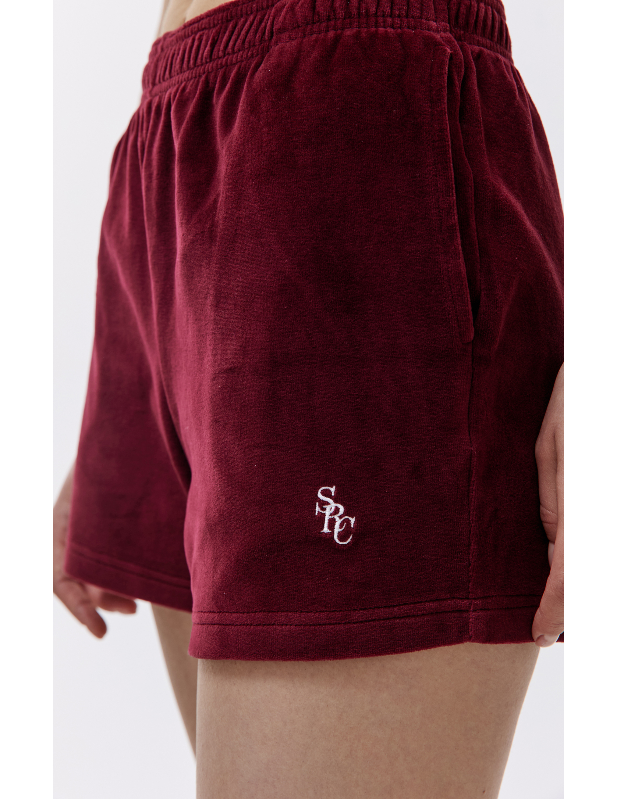 Shop Sporty And Rich Src Velour Shorts In Burgundy