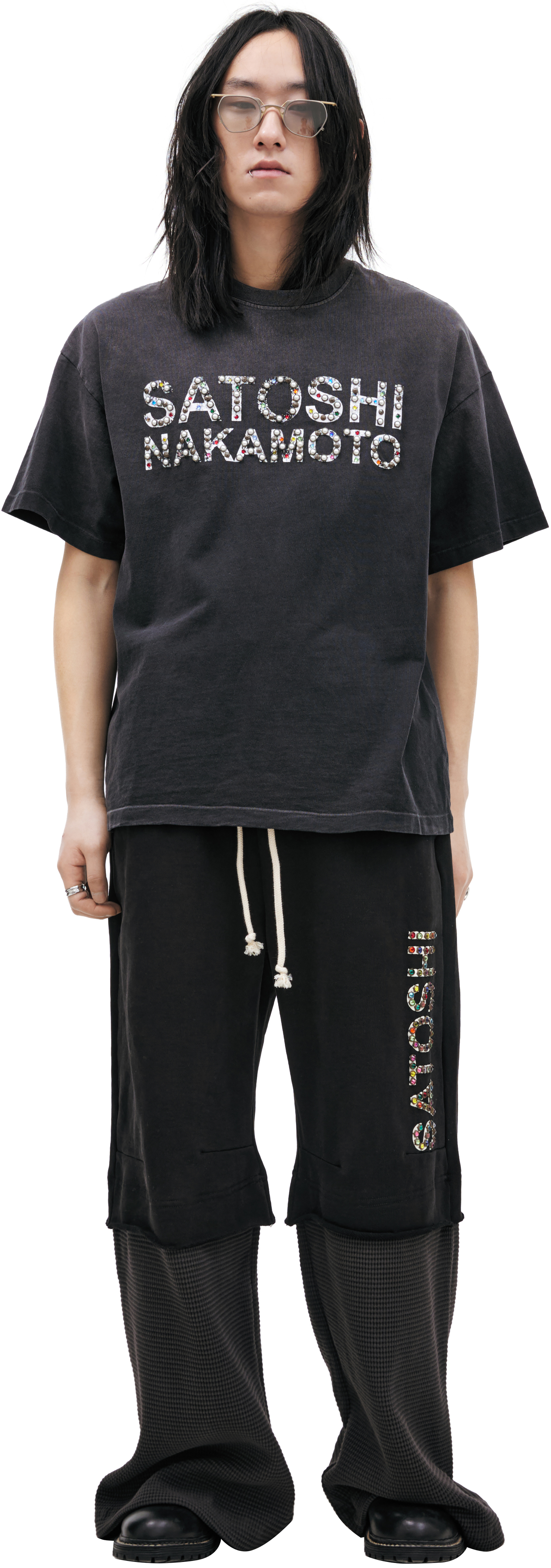 Buy Satoshi Nakamoto men grey t-shirt with rhinestone logo for