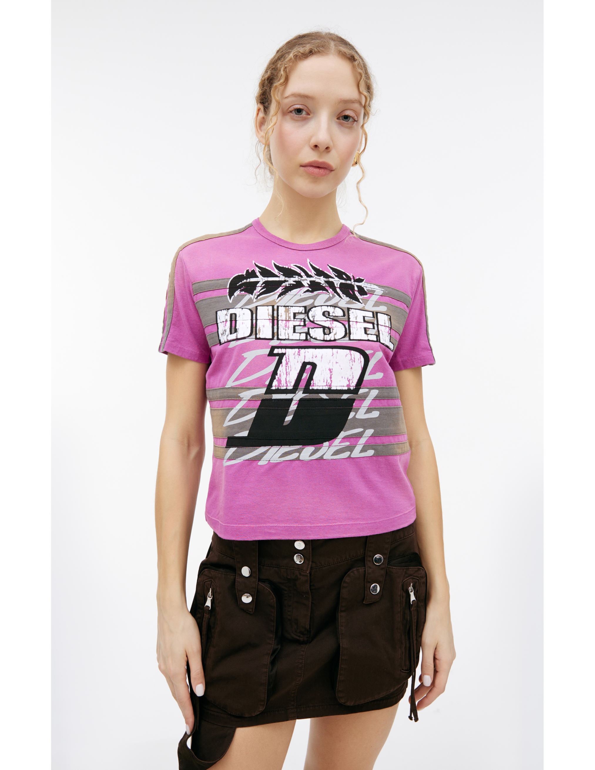 Diesel Striped Logo-print T-shirt In Pink