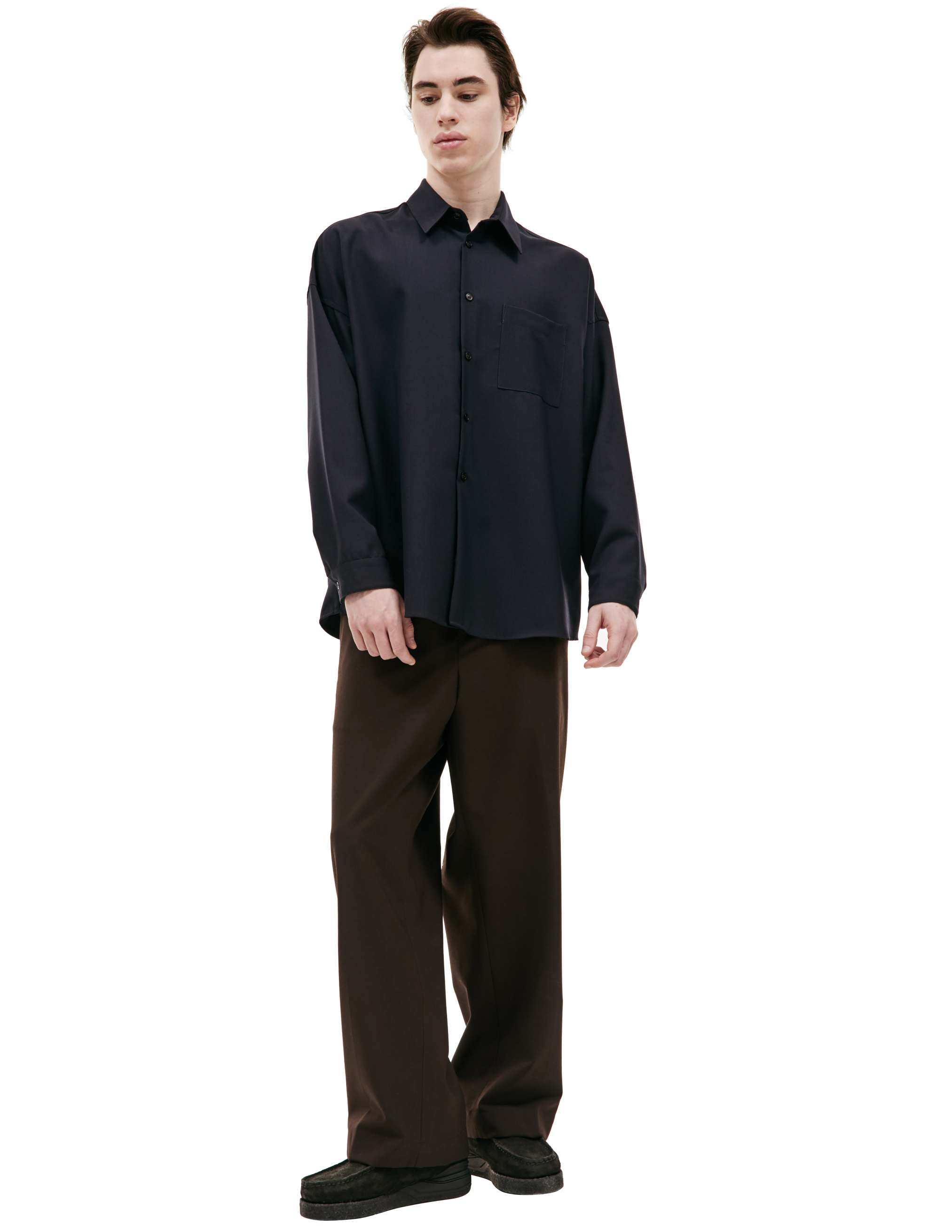 Shop Marni Wool Shirt With Pocket In Navy Blue