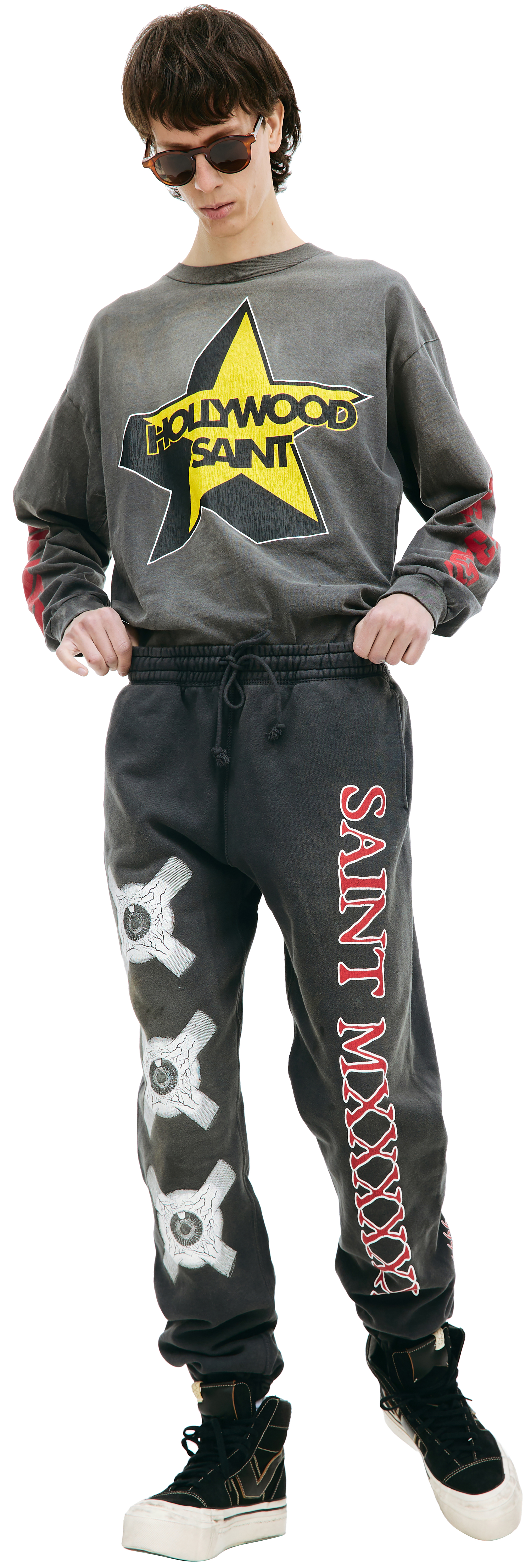 Buy Saint Michael men grey eye ball printed sweatpants for $679