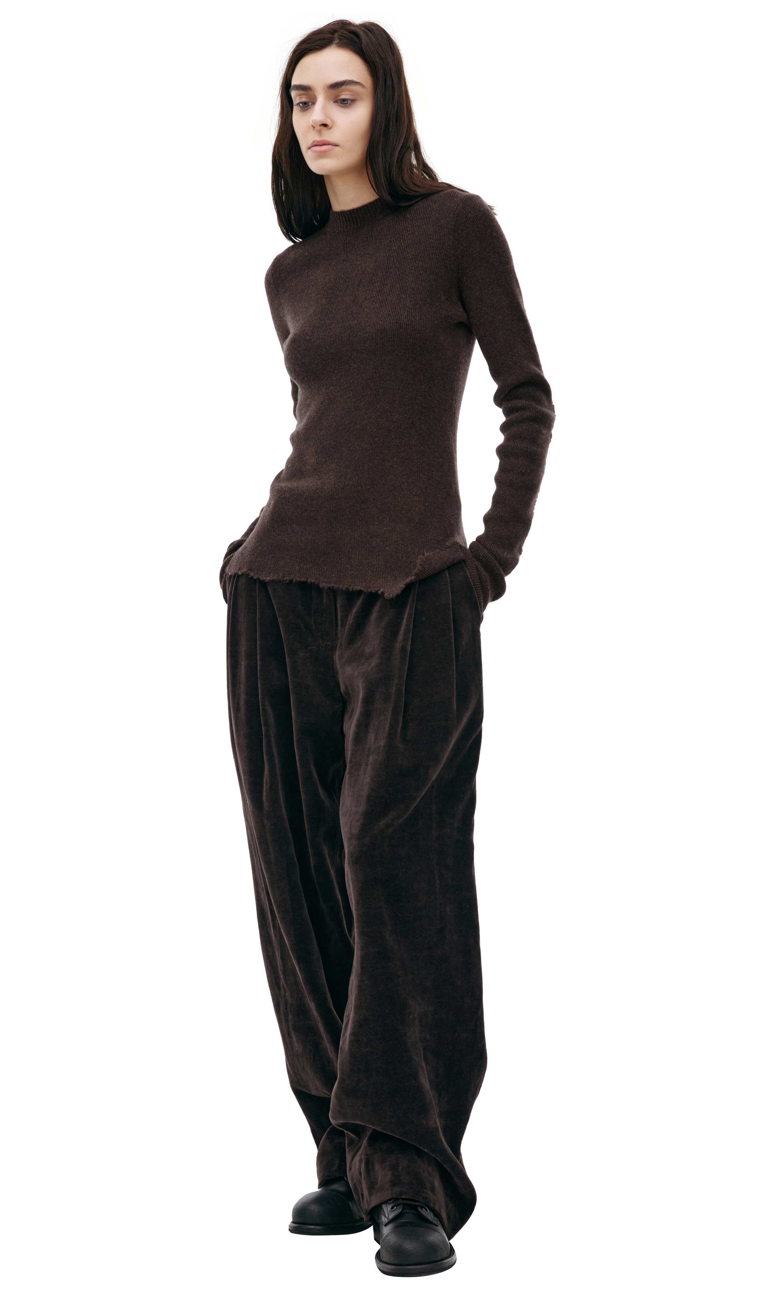 Ziggy Chen Cashmere Raw Hem Pullover In Brown
