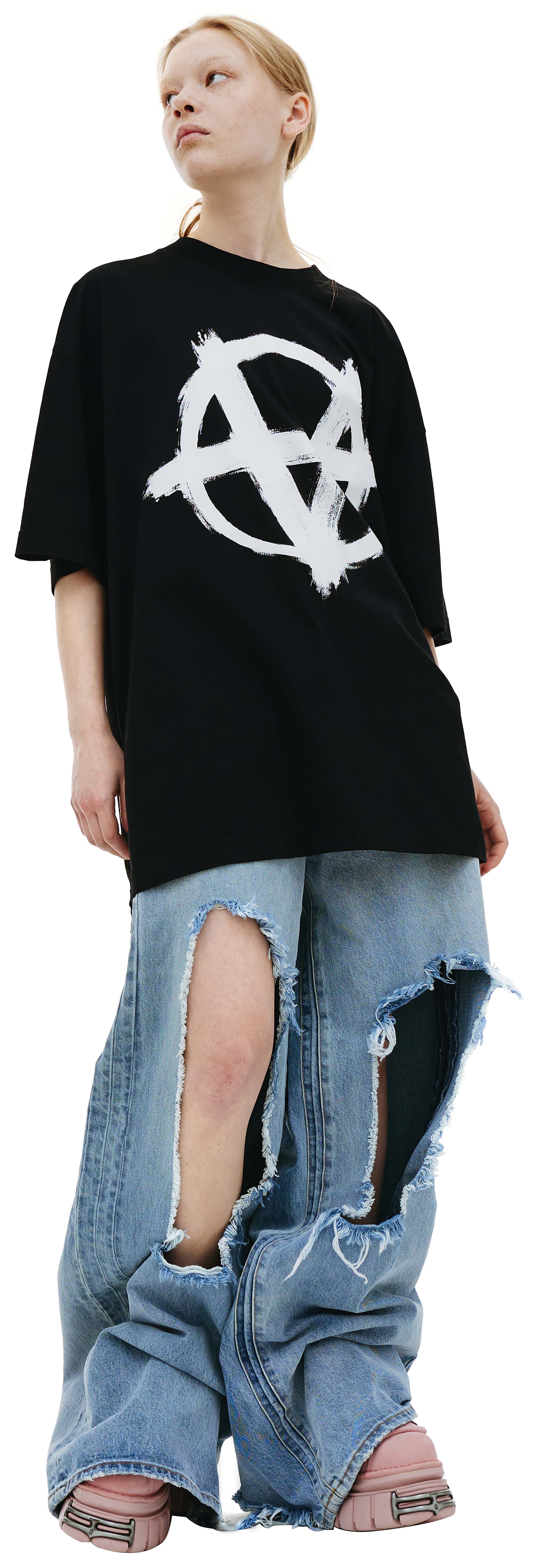 Buy VETEMENTS women black anarchy printed t-shirt for $580