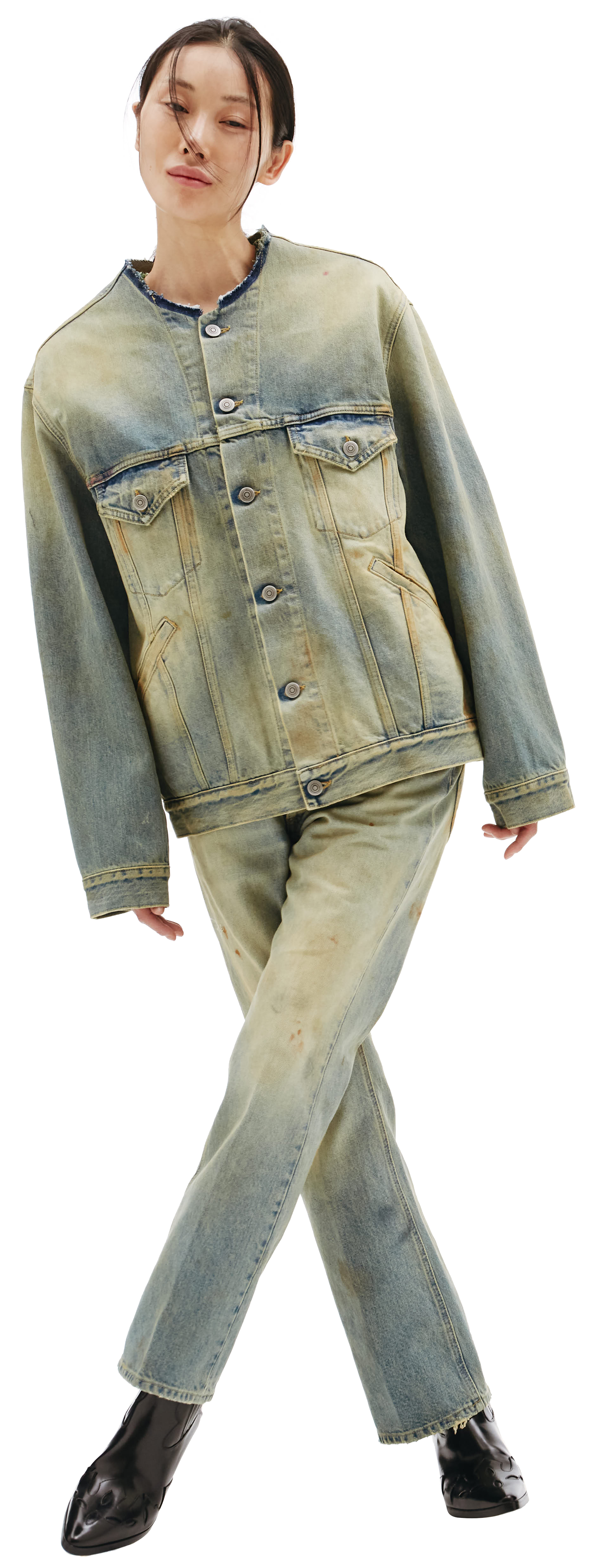 Buy Maison Margiela women blue collarless denim jacket for $872