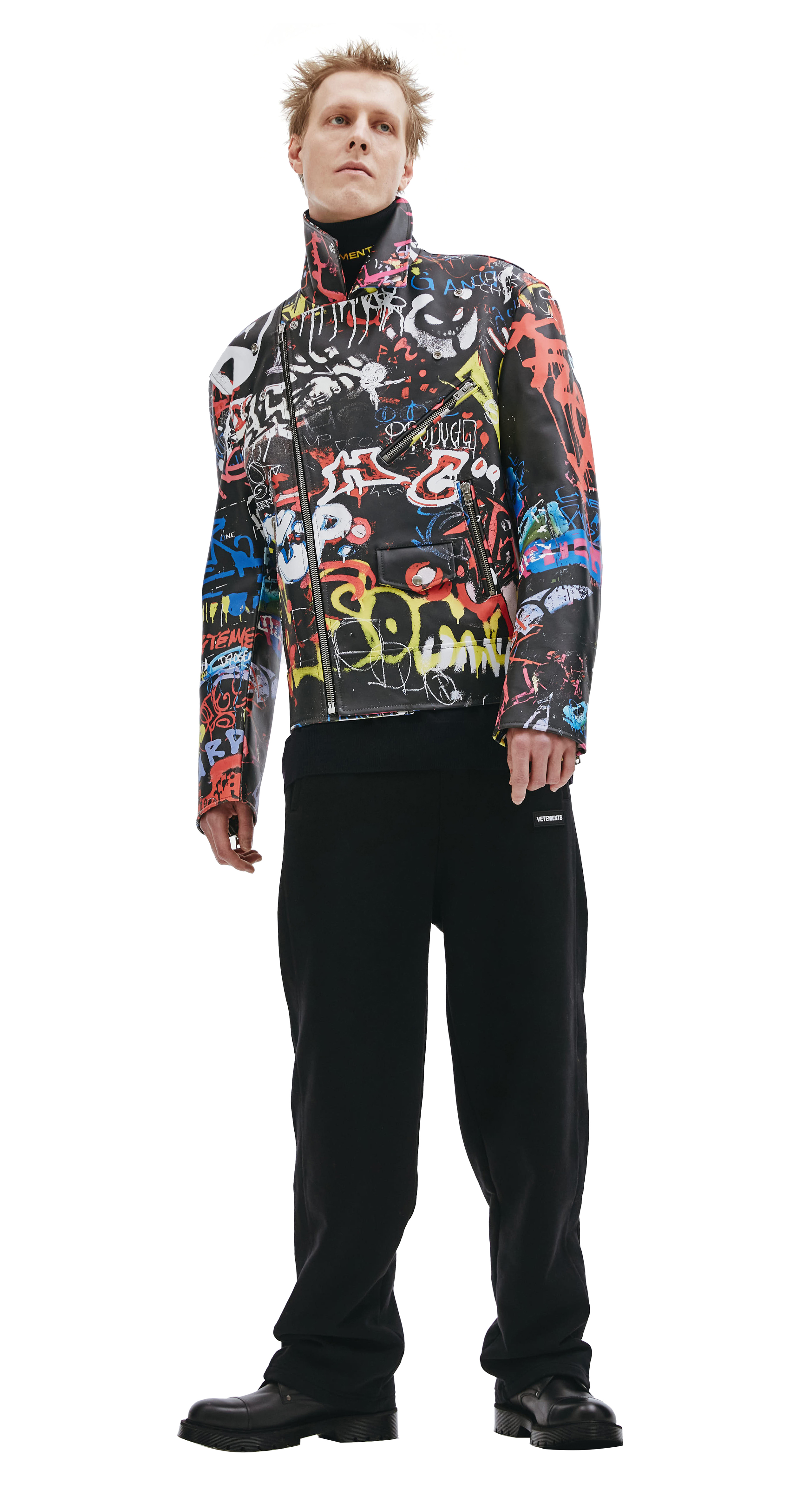 Buy VETEMENTS men multicolor graffiti printed leather jacket for