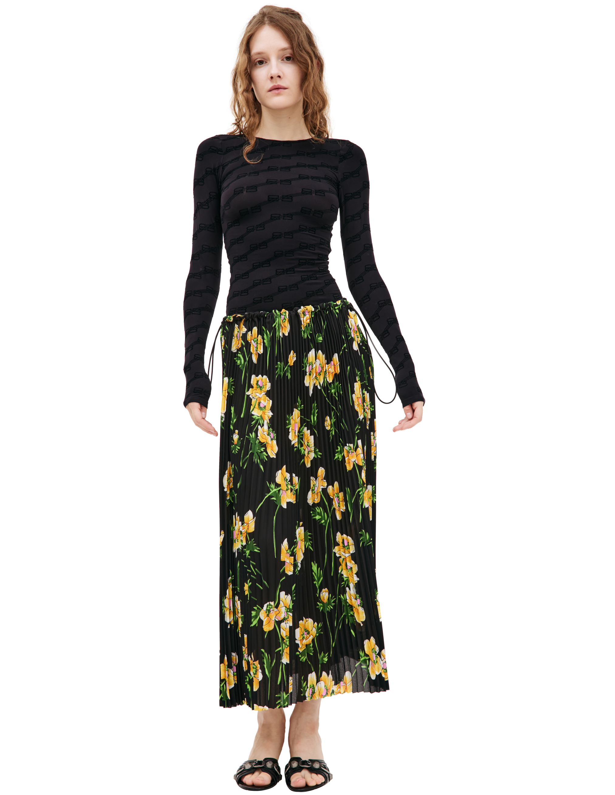 Shop Balenciaga Pleated Midi Skirt With Floral Print In Black