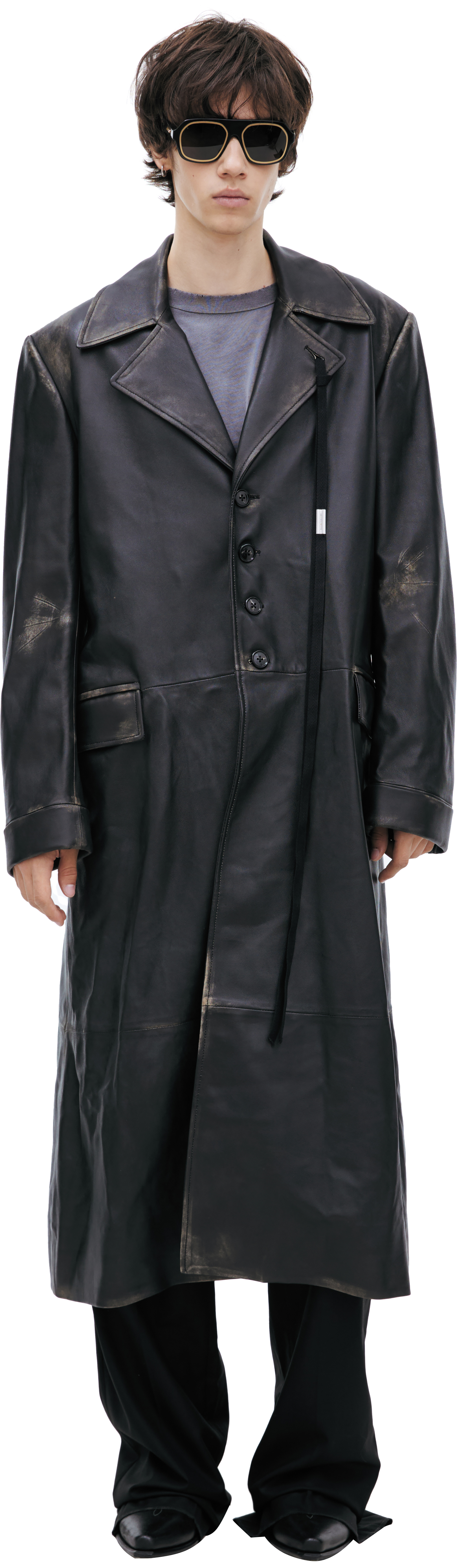 Buy Ann Demeulemeester men black ailo leather coat for $9,120