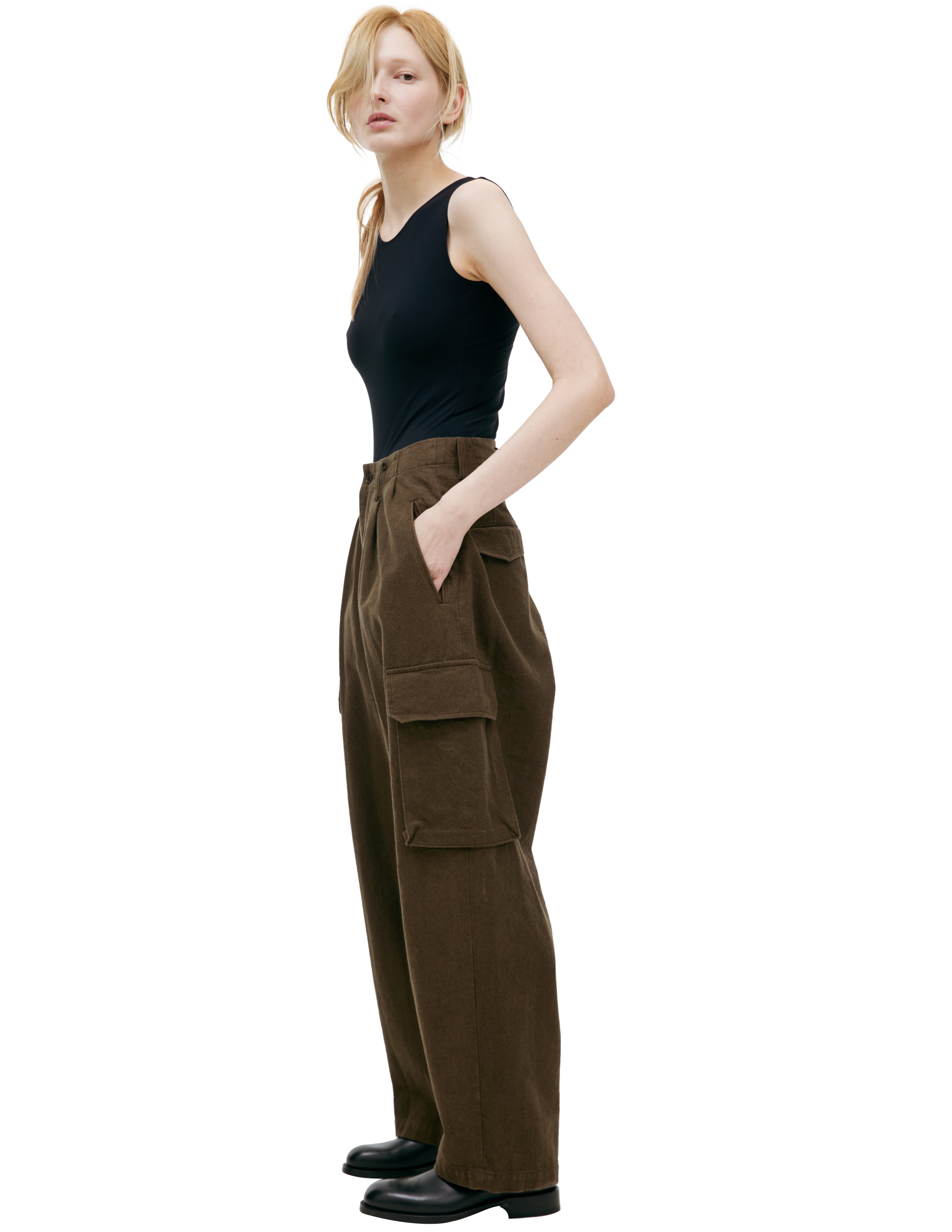 Y's Linen Cargo Trousers In Khaki