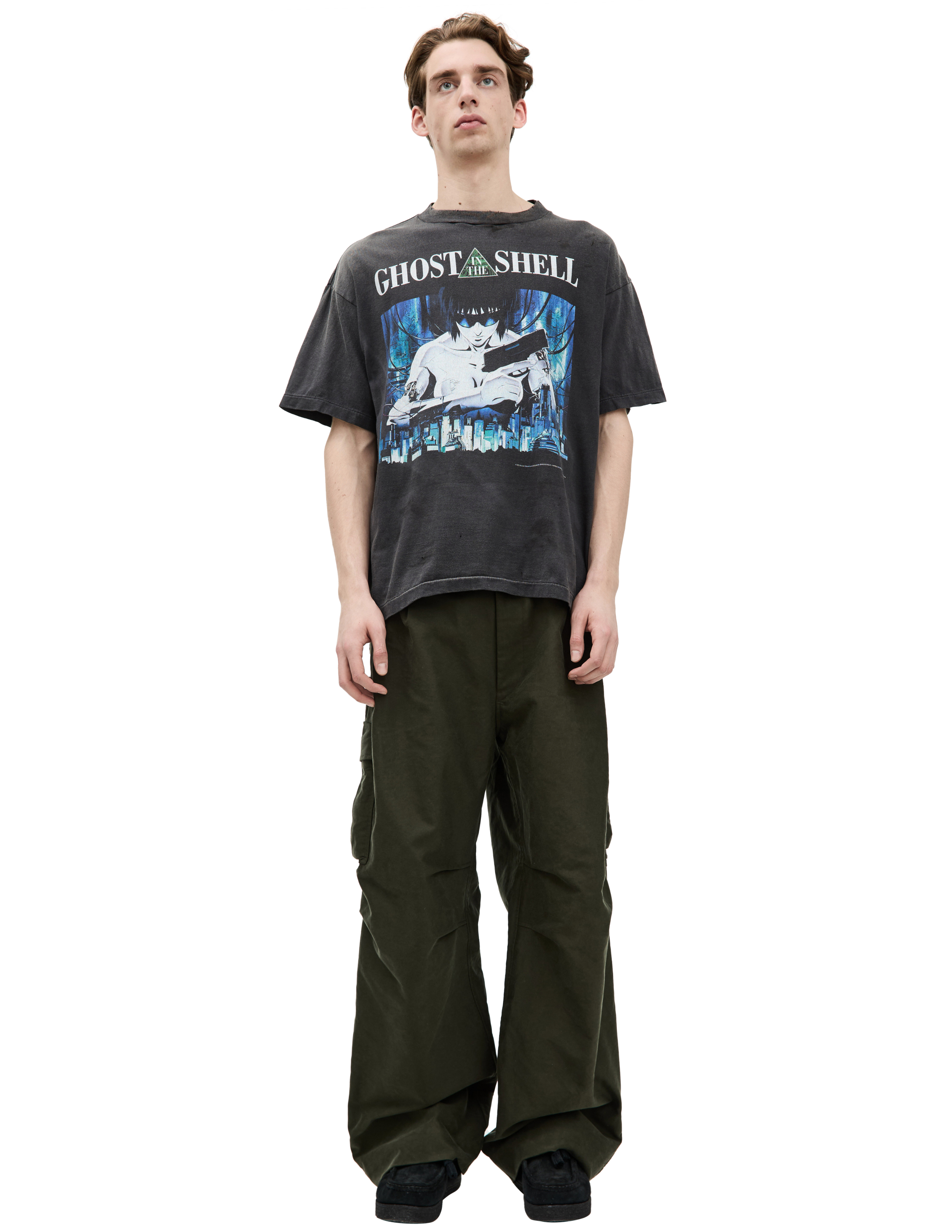 Saint Mxxxxxx Ghost In The Shell Distressed Printed Cotton-jersey T-shirt In Grey