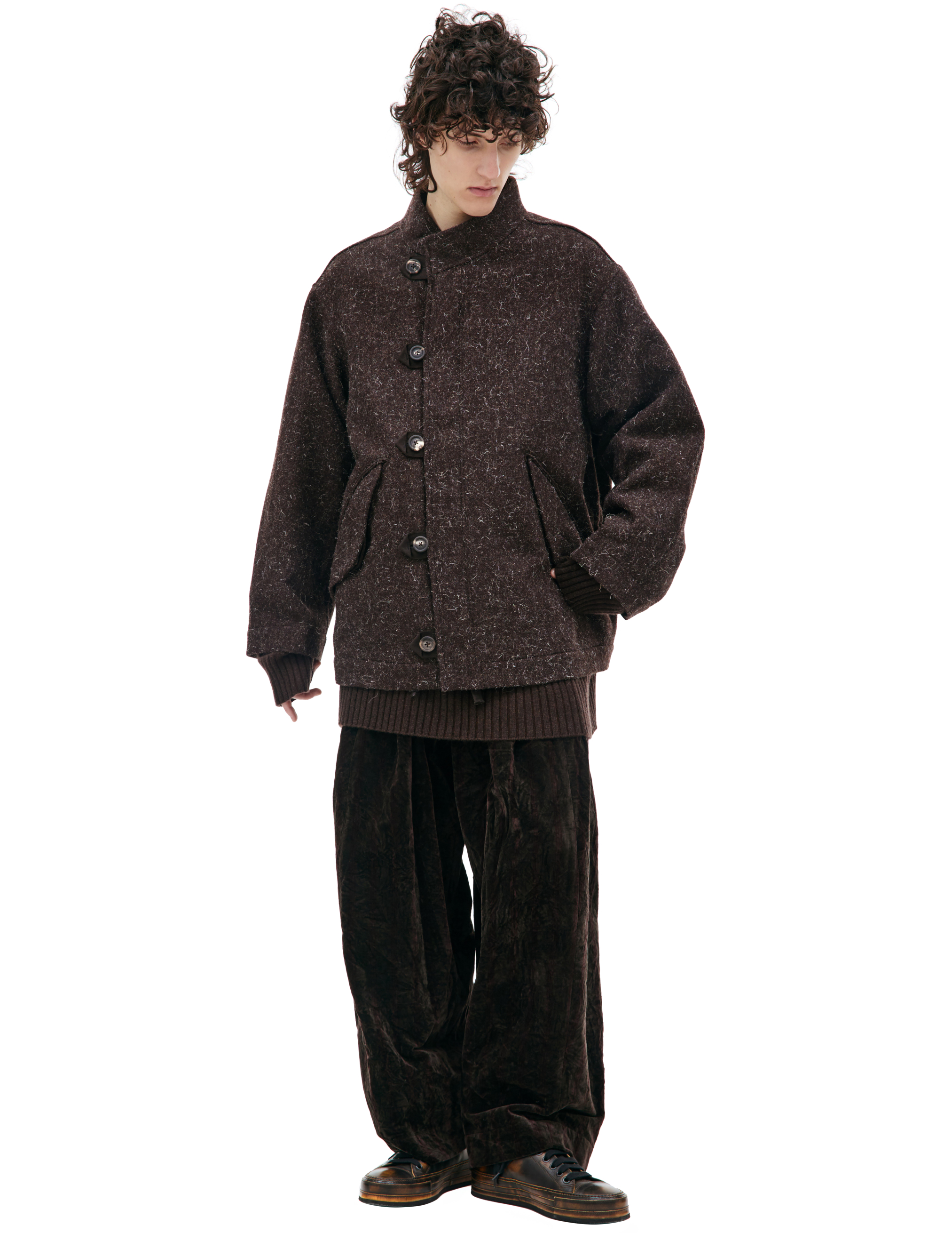 Ziggy Chen Stand Collar Wool Blazer In Brown