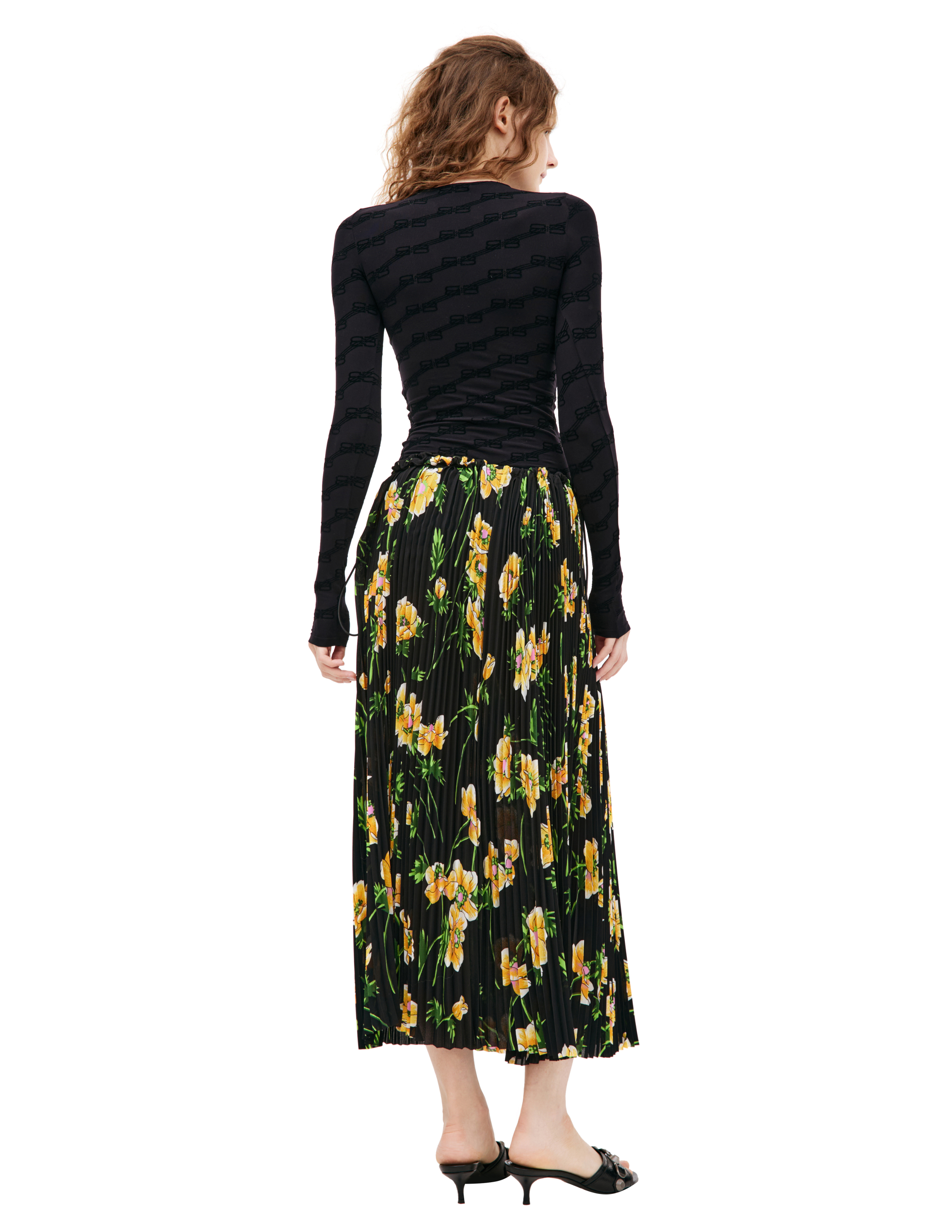 Shop Balenciaga Pleated Midi Skirt With Floral Print In Black