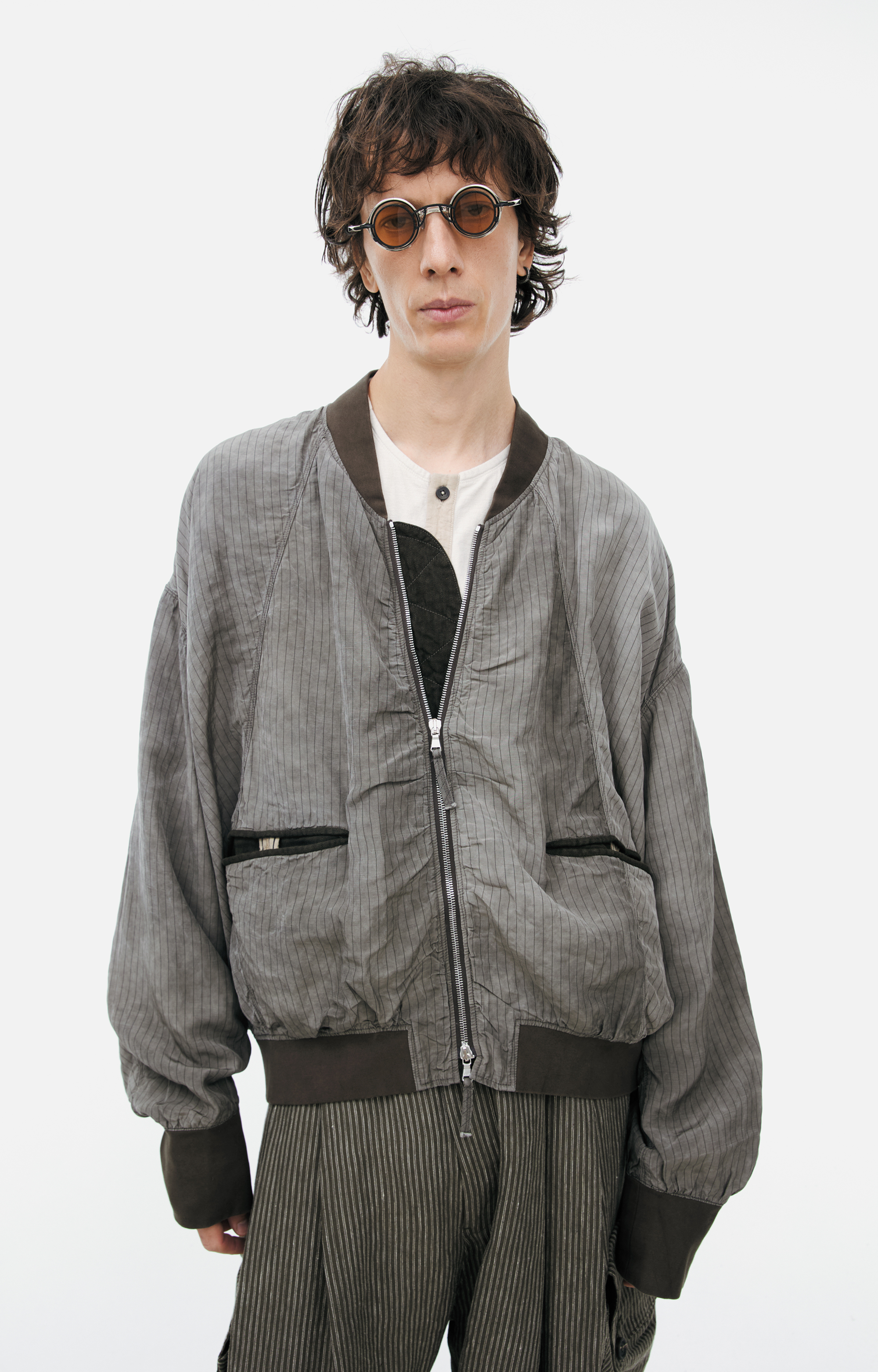Buy Ziggy Chen men grey striped bomber jacket for $1,468 online on