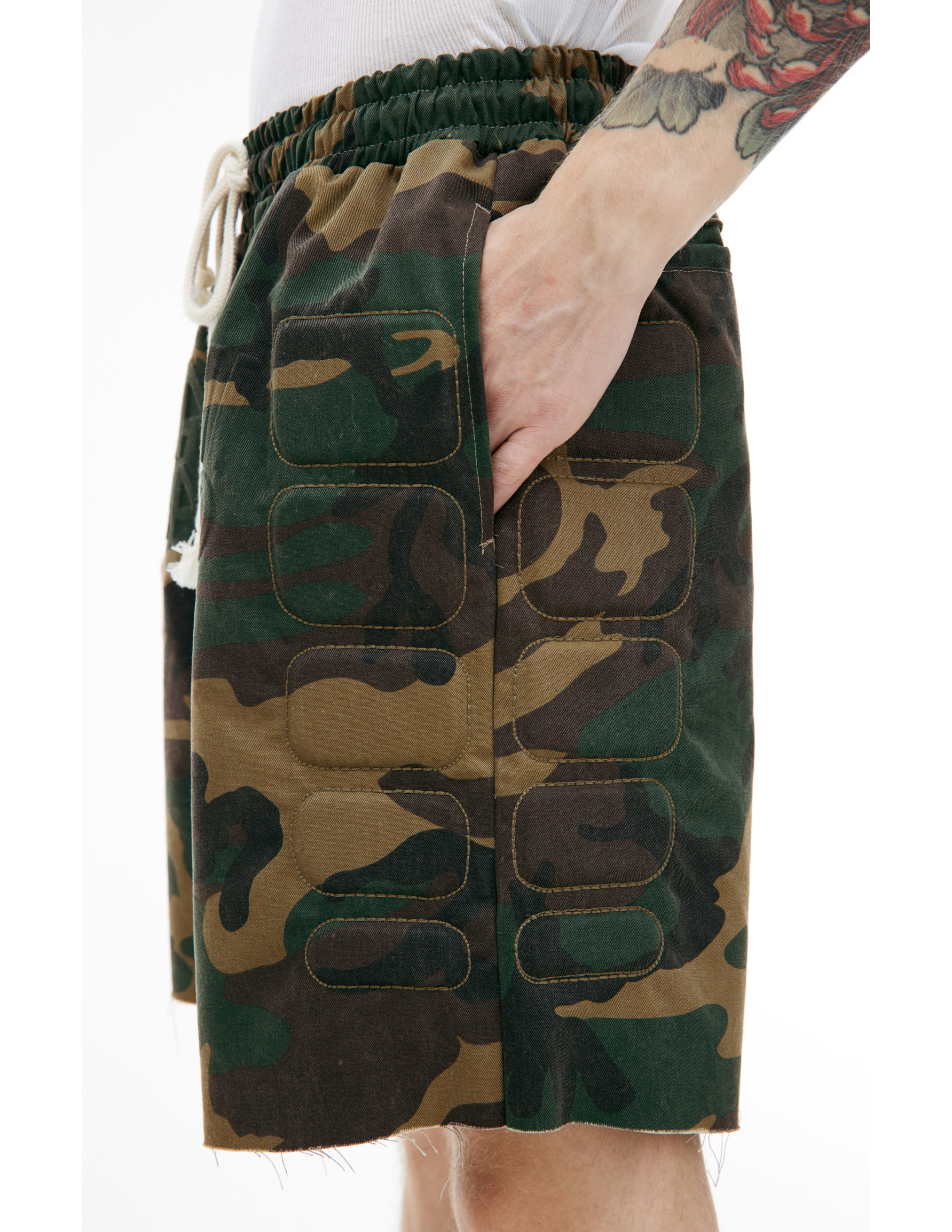 Shop Satoshi Nakamoto Camo Moto Shorts In Khaki