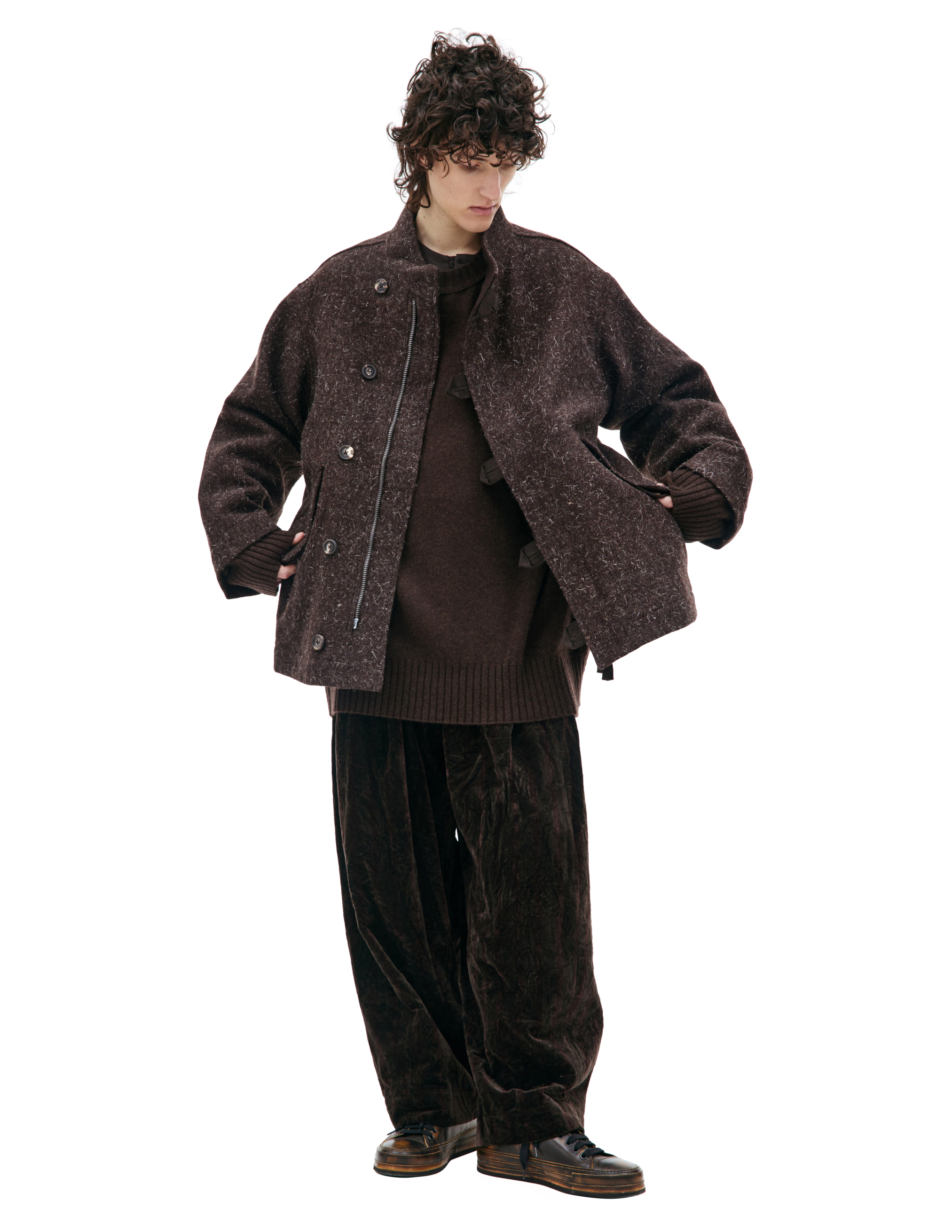 Shop Ziggy Chen Stand Collar Wool Blazer In Brown