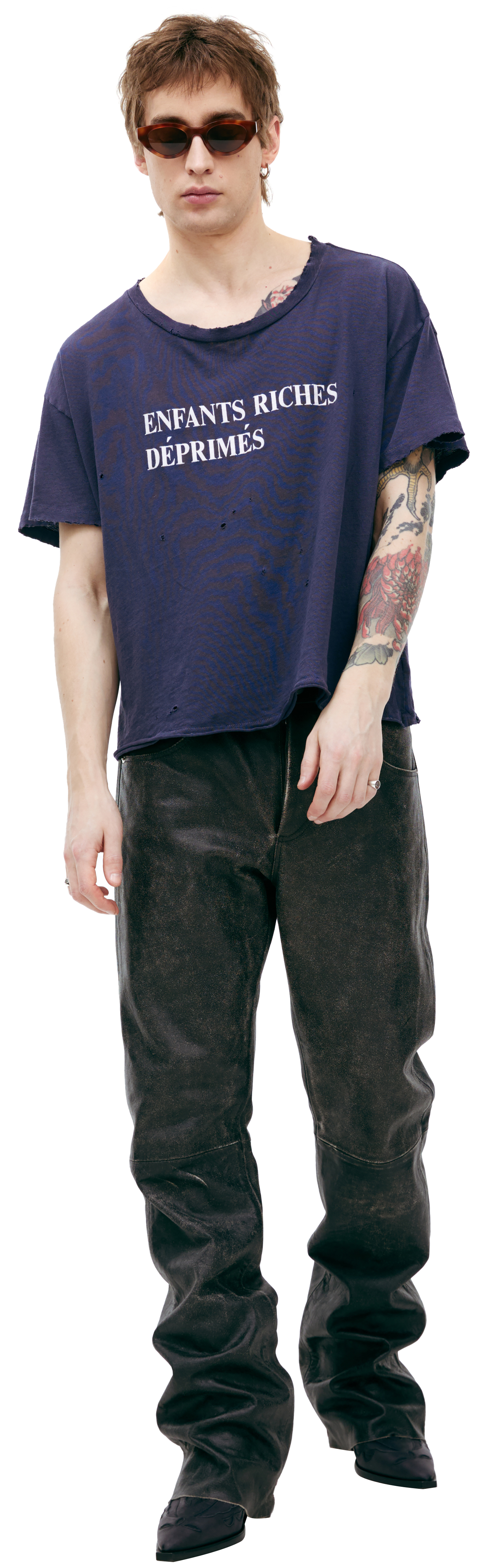 Buy Enfants Riches Déprimés men navy blue ripped logo t-shirt for