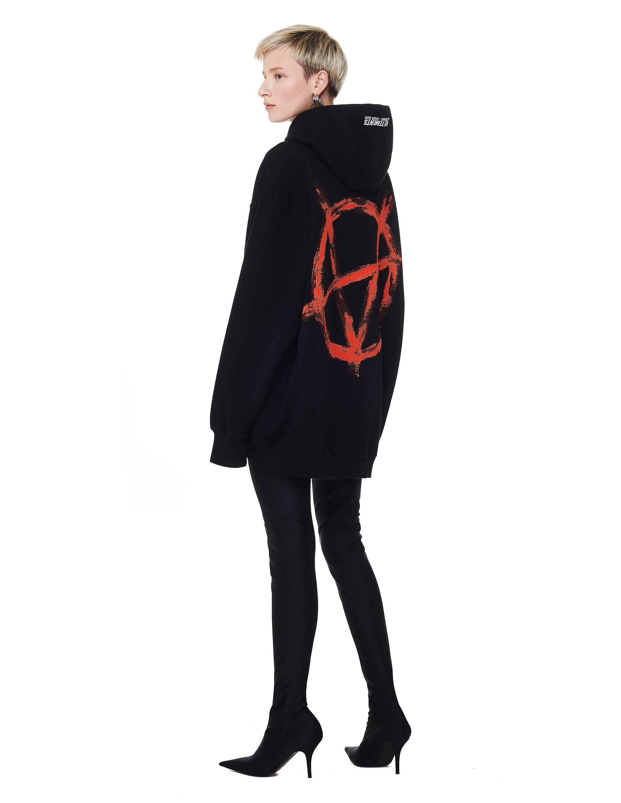 Buy VETEMENTS women black anarchy printed hoodie for $910