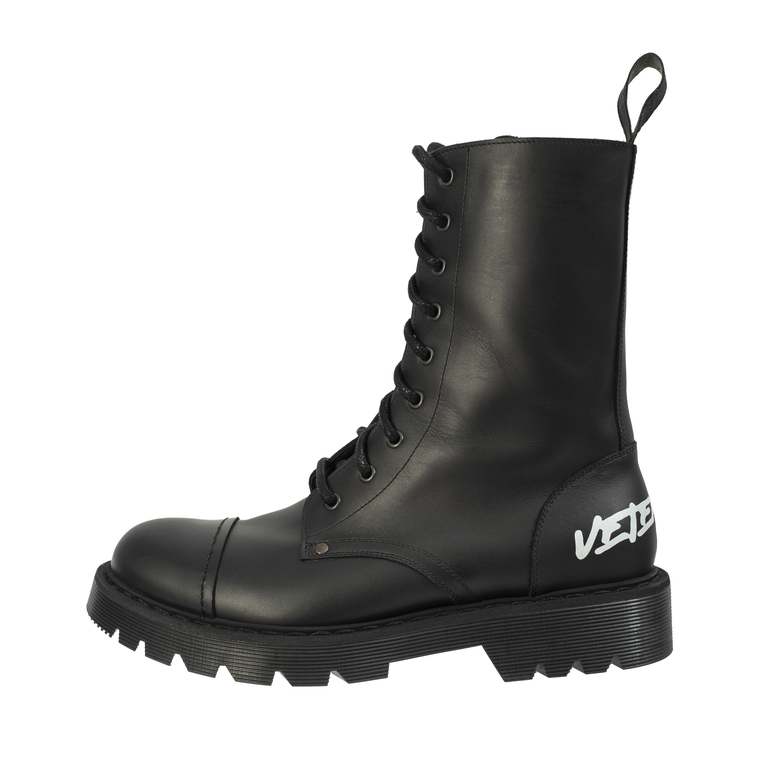 Buy VETEMENTS men black lace-up logo military boots for $849