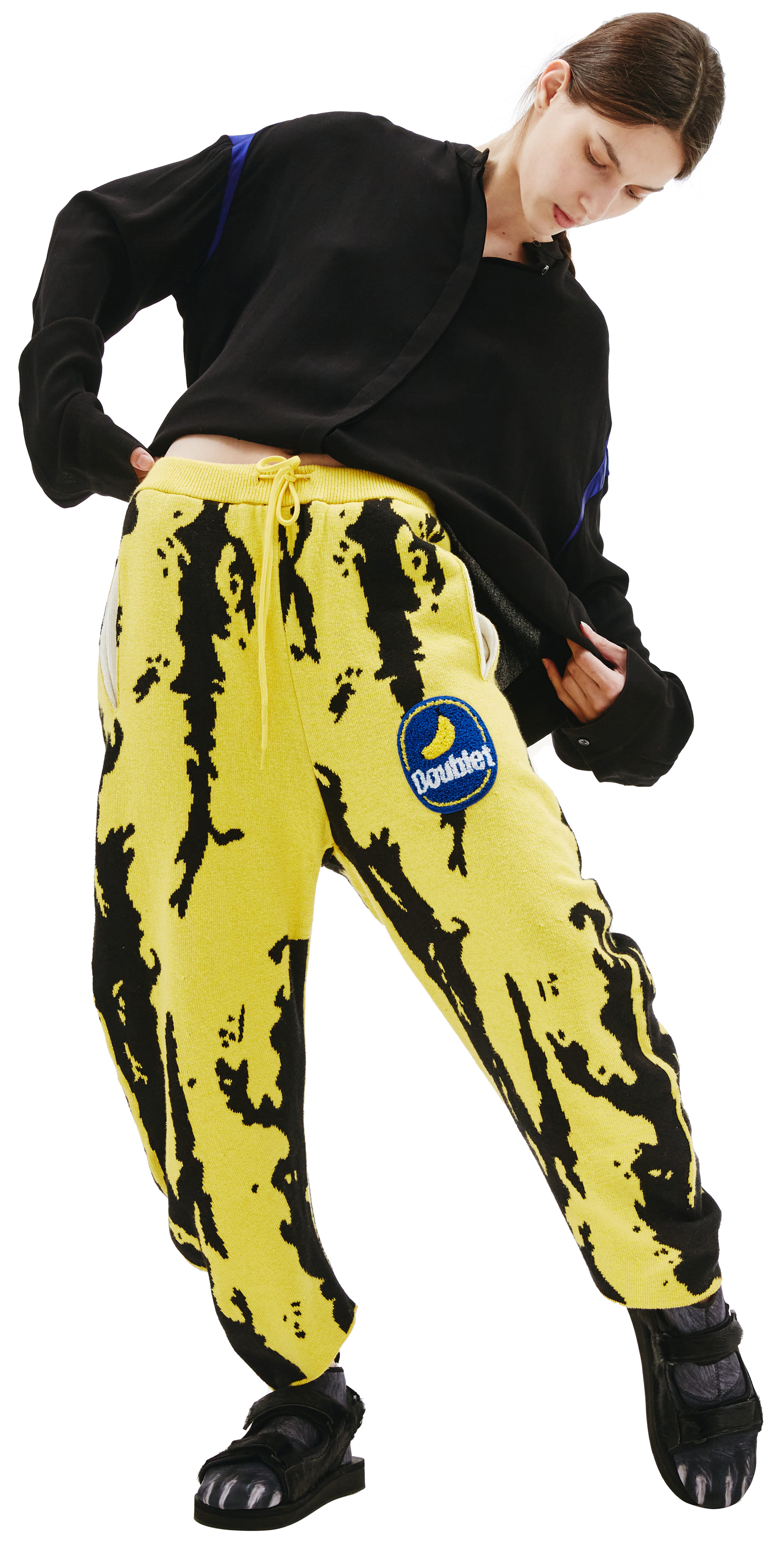 Buy Doublet women yellow banana jacquard knit pants for $508