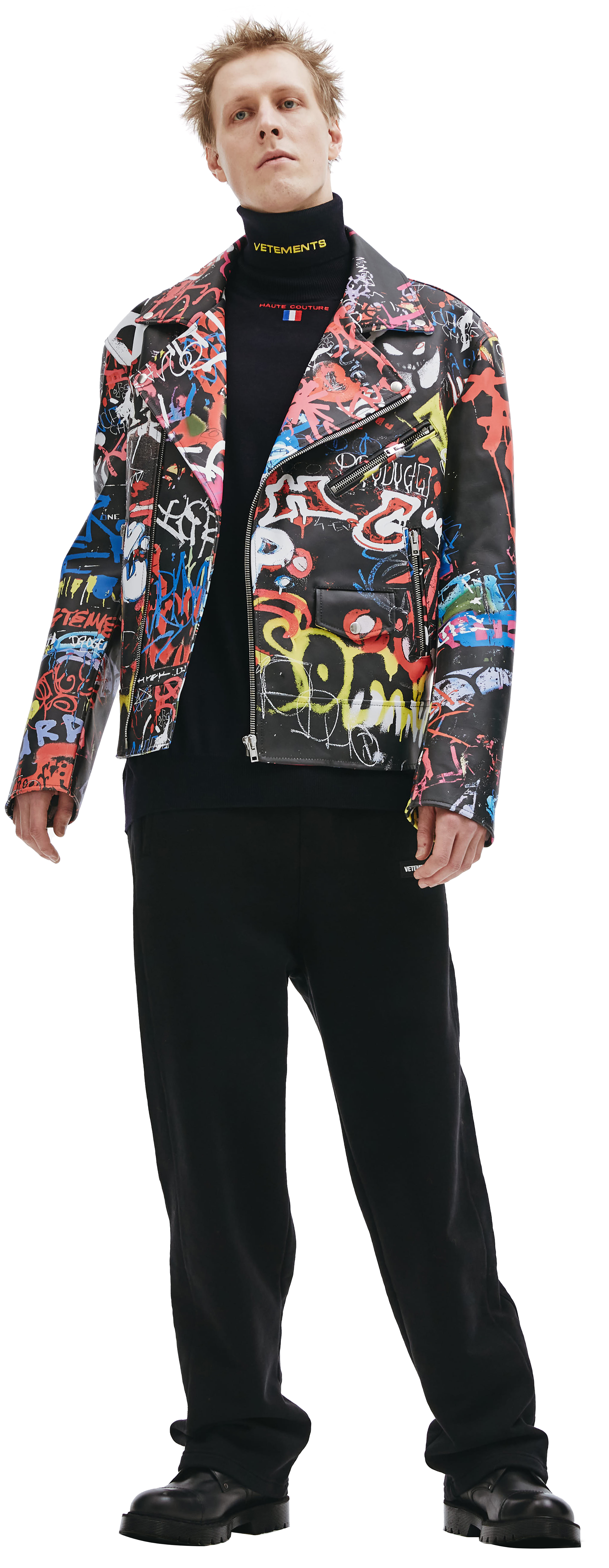 Buy VETEMENTS men multicolor graffiti printed leather jacket Buy VETEMENTS men multicolor graffiti printed leather jacket