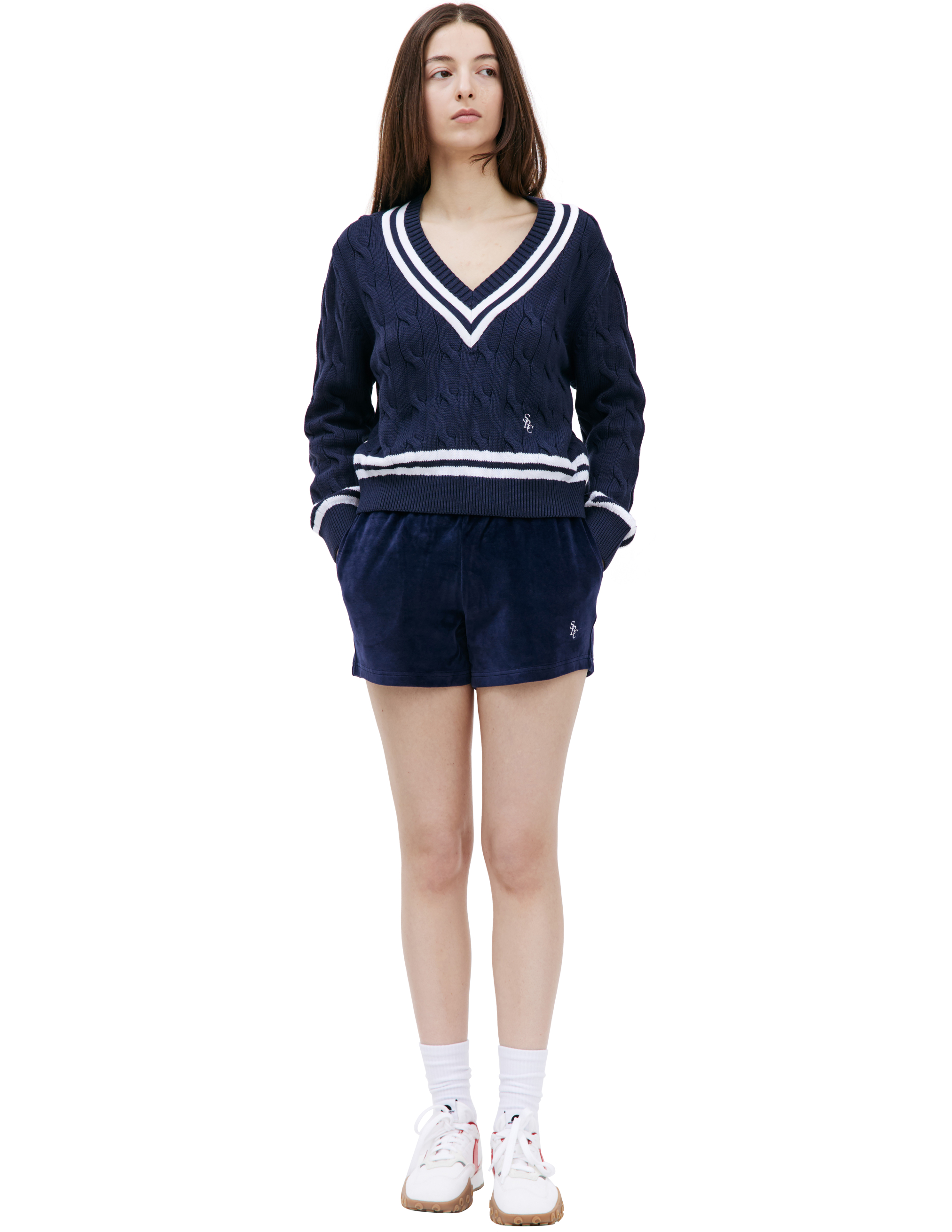 Shop Sporty And Rich Src Logo V-neck Sweater In Navy Blue