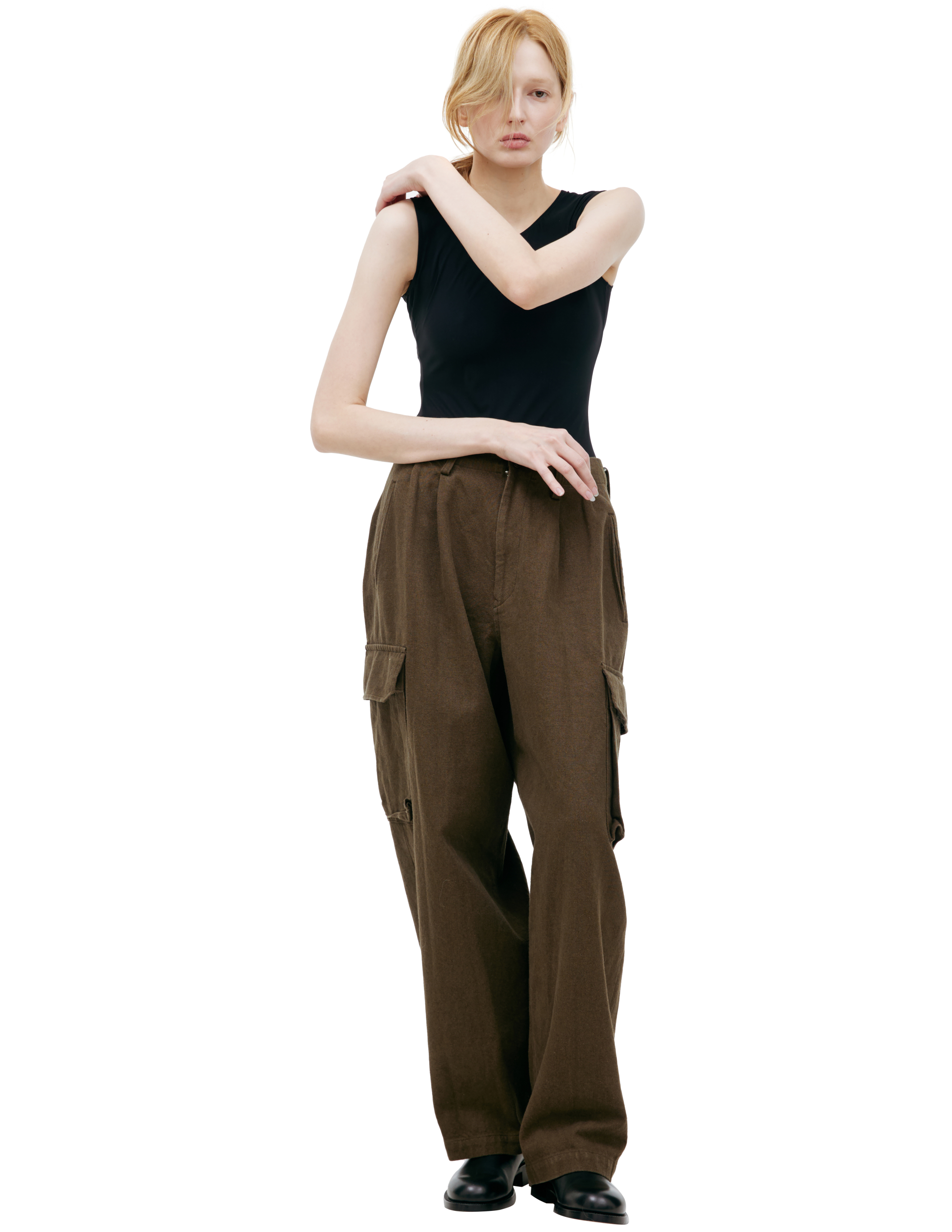 Y's Linen Cargo Trousers In Khaki
