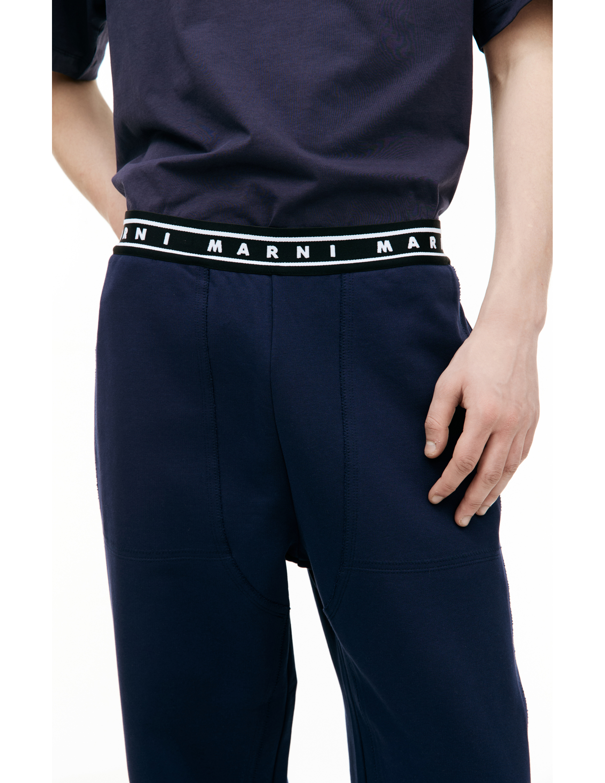 Shop Marni Navy Cotton Trousers In Navy Blue
