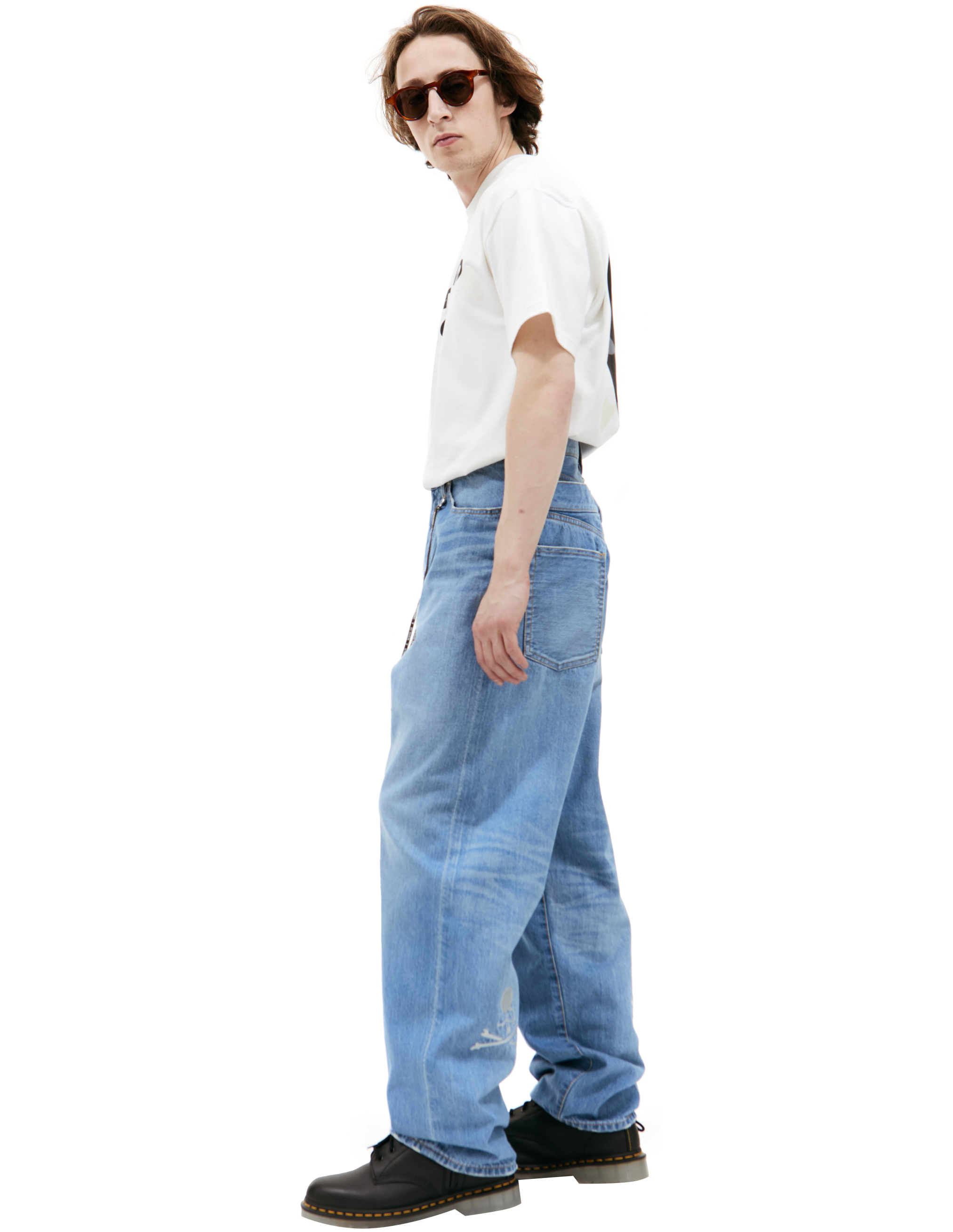 Shop Mastermind Japan Patched Wide Leg Jeans In Blue