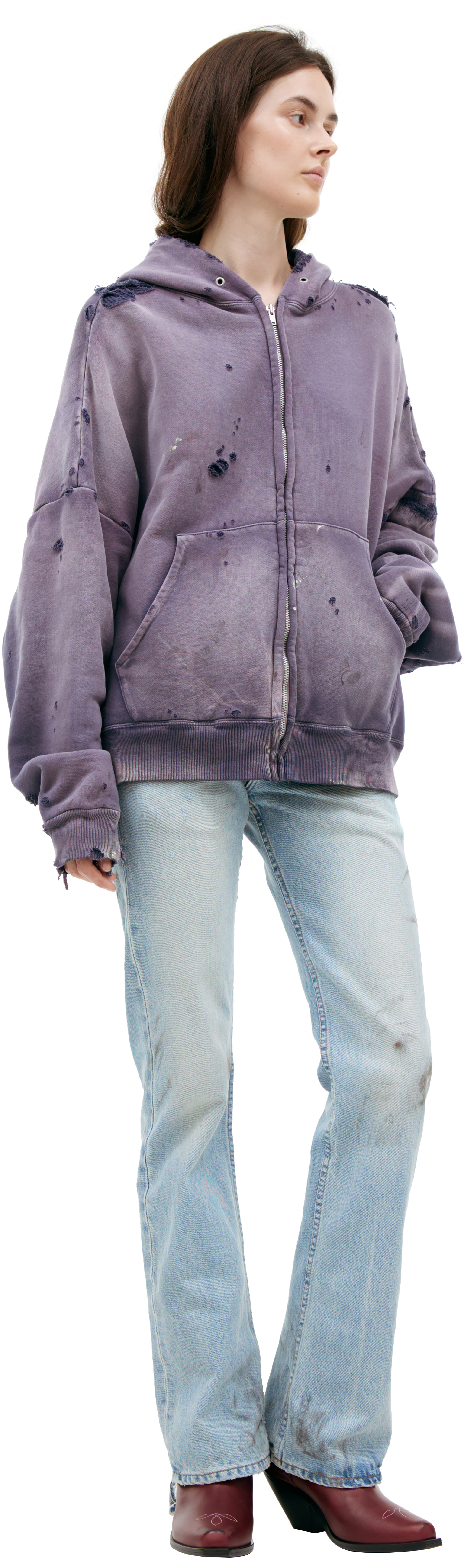 Buy Saint Mxxxxxx women purple ripped hoodie with zipper for $912