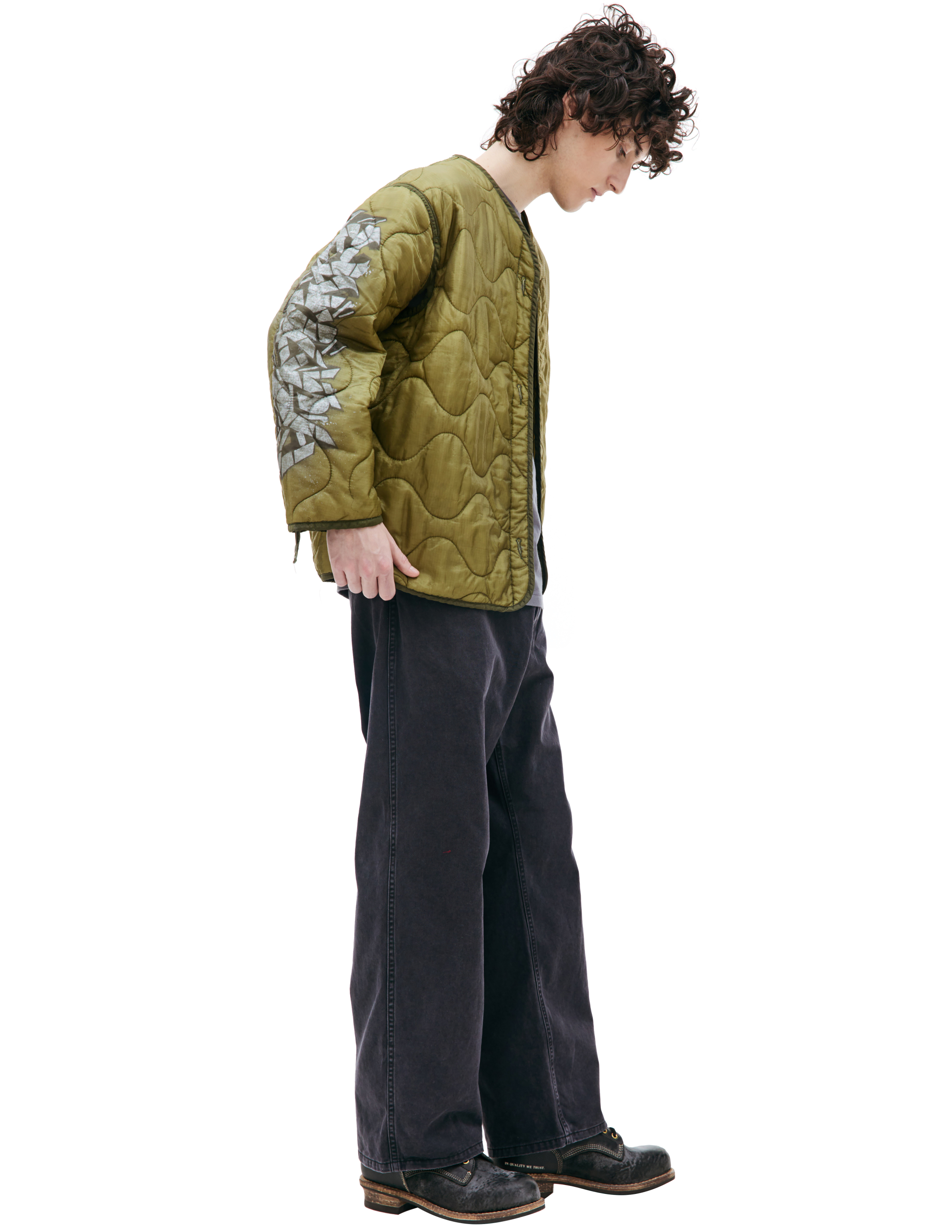 Shop Children Of The Discordance Quilted Jacket With Graffiti Print In Green