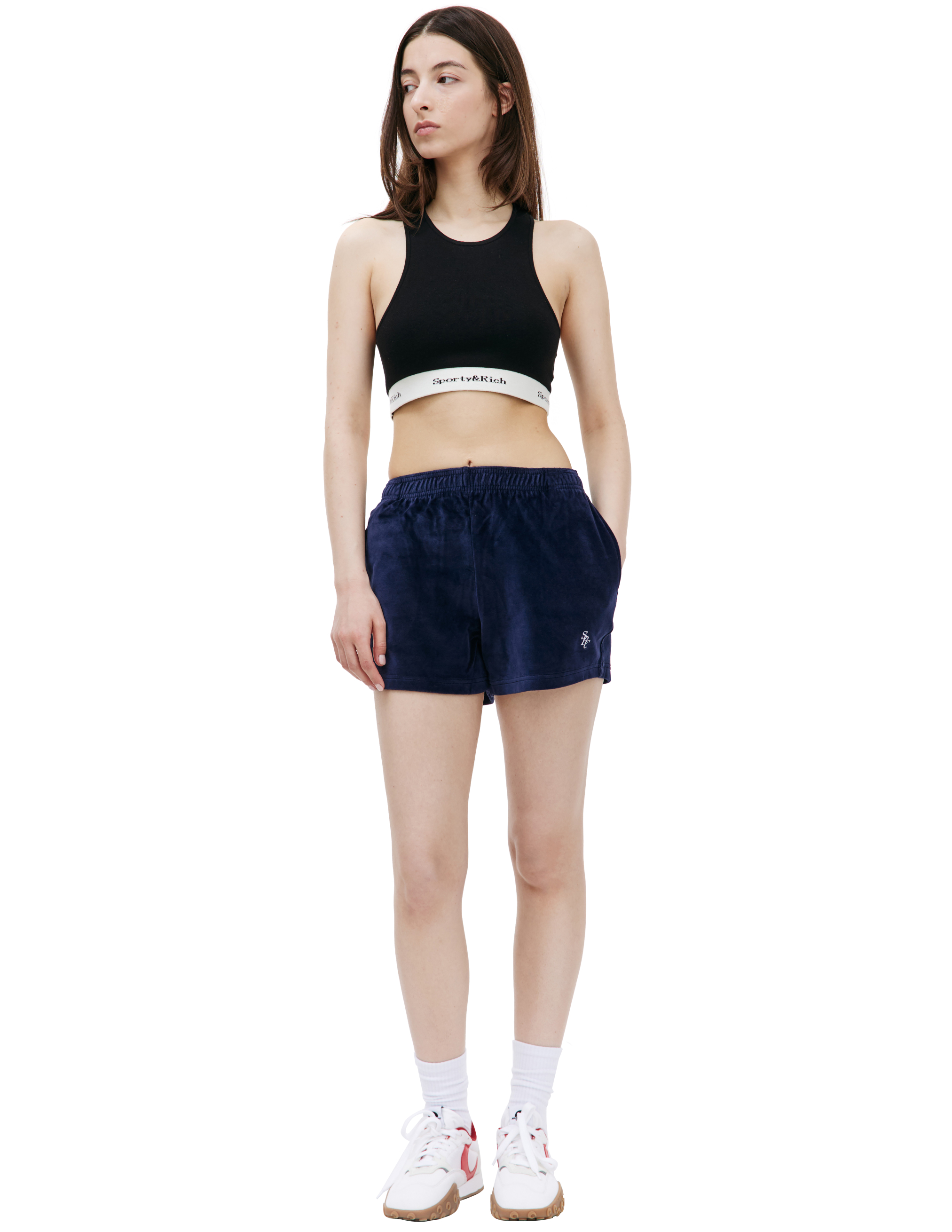 Shop Sporty And Rich Src Velour Shorts In Navy Blue